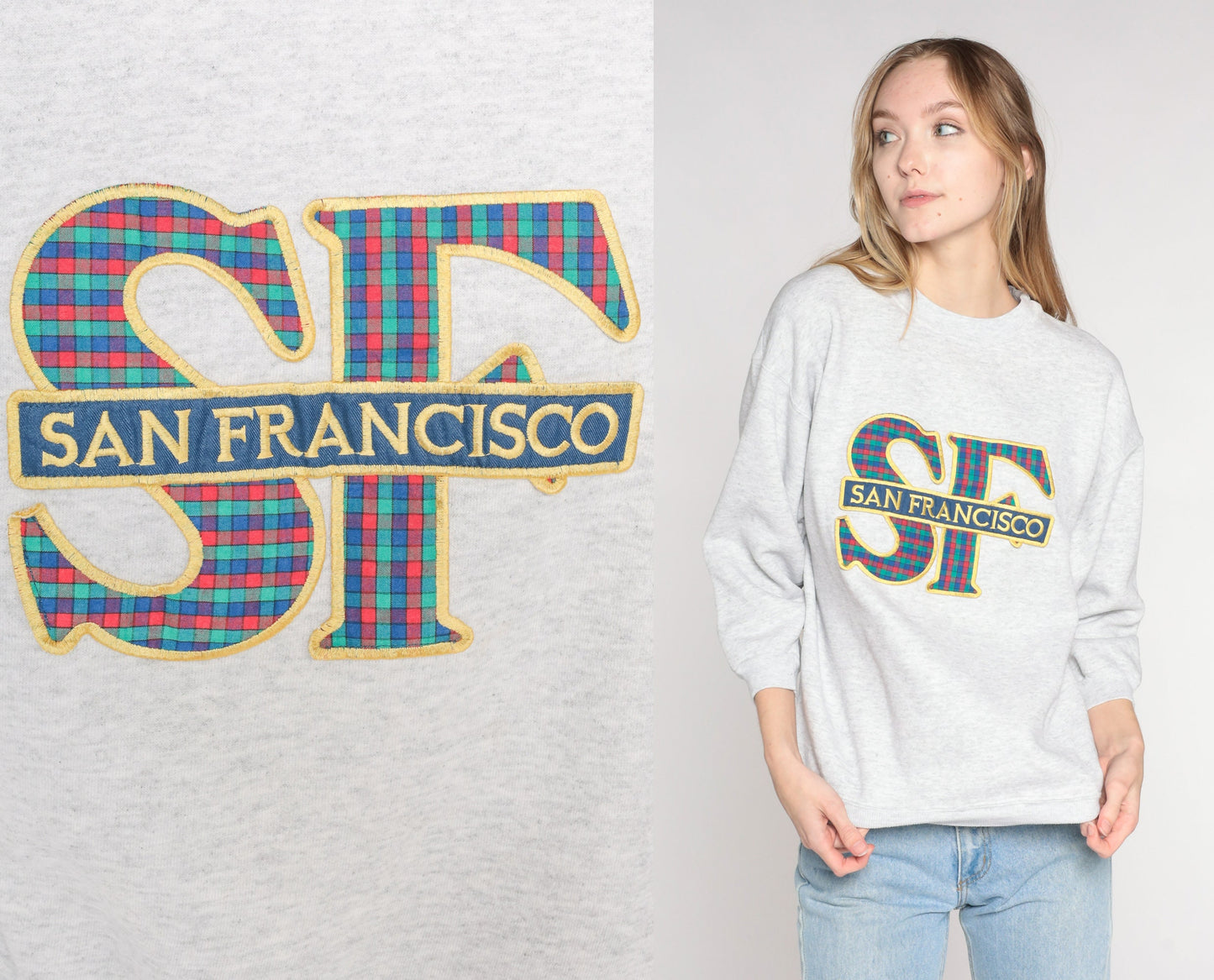 Y2K San Francisco Plaid Sweatshirt Heather Grey 3/4 Sleeve Crewneck Medium Large