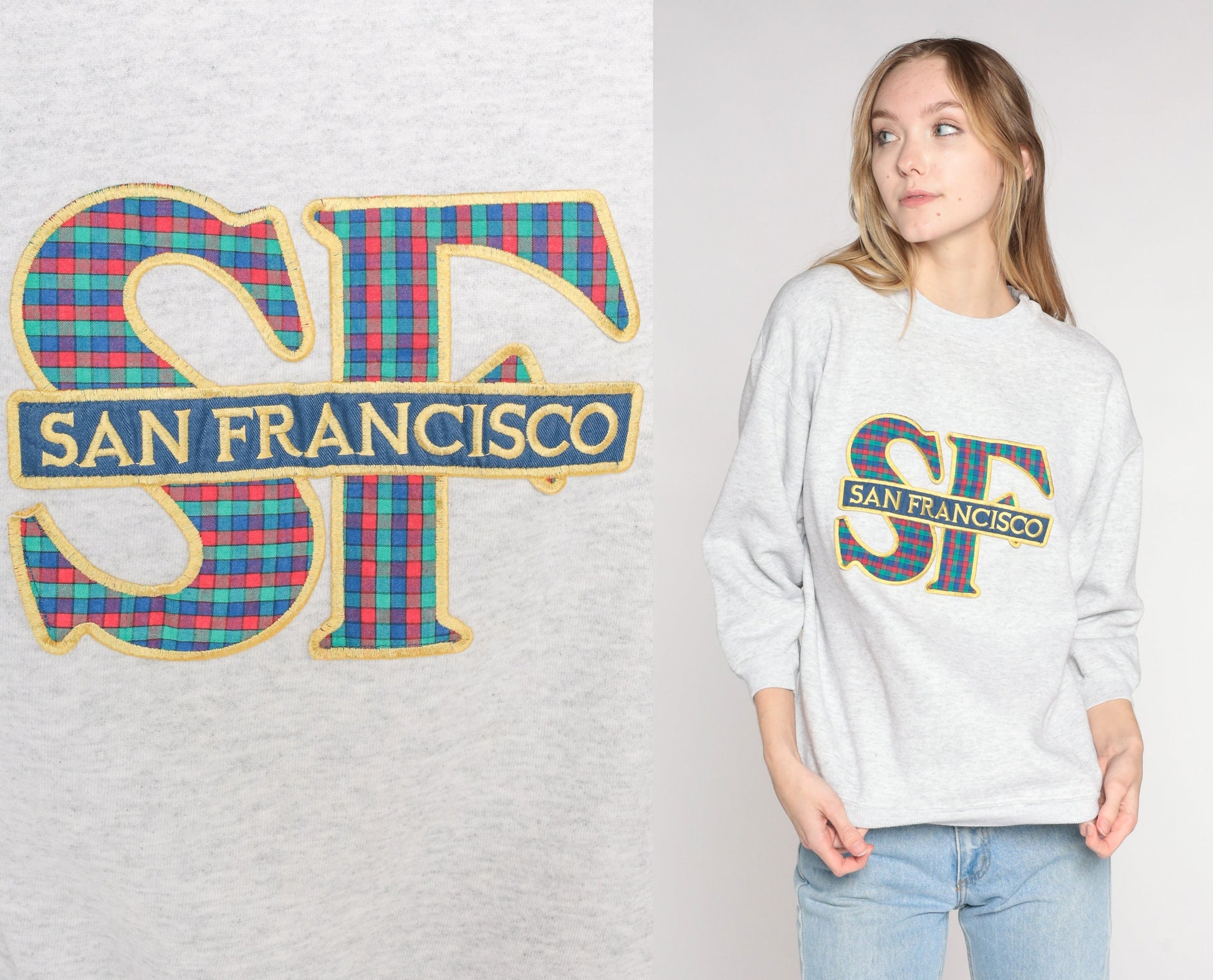 Y2K San Francisco Plaid Sweatshirt Heather Grey 3/4 Sleeve Crewneck Medium Large