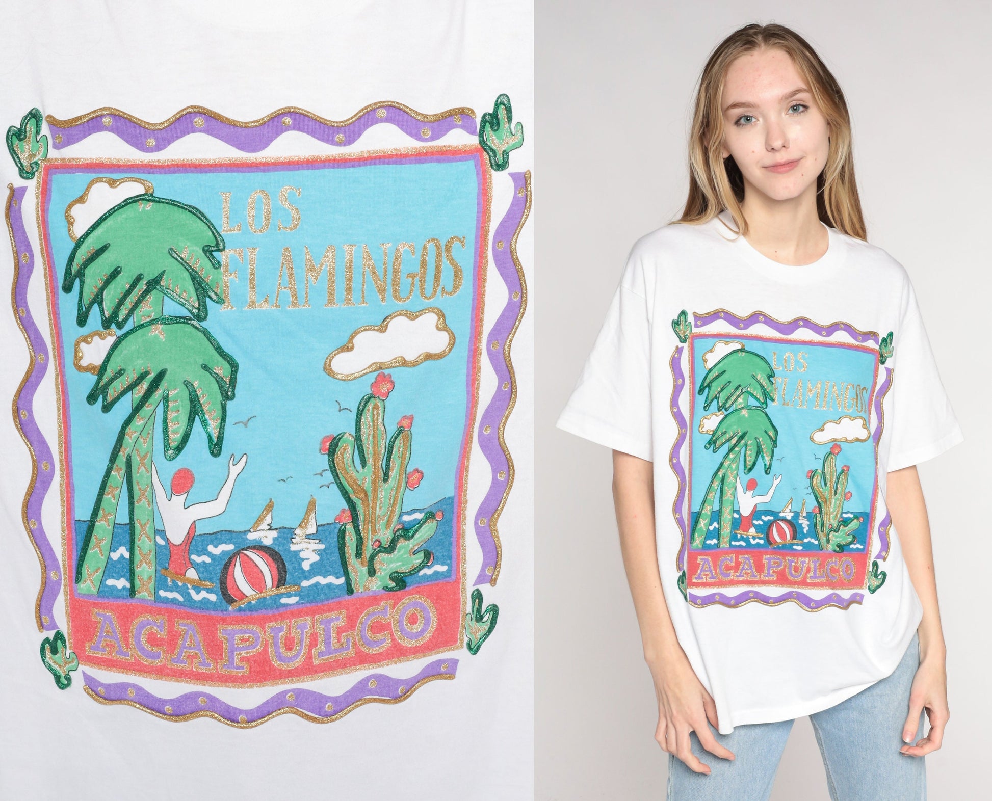 90s Los Flamingos Acapulco Resort T-Shirt Glitter Puff Paint Beach Graphic Medium Large