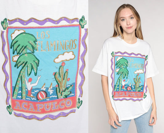 90s Los Flamingos Acapulco Resort T-Shirt Glitter Puff Paint Beach Graphic Medium Large