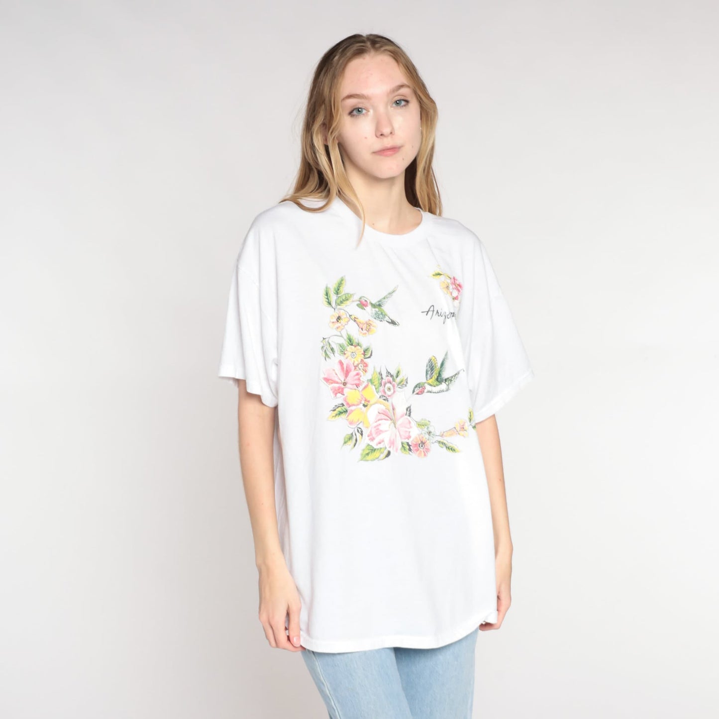 00s Arizona Hummingbird Floral Graphic T-Shirt White Cotton Blend Extra Large XL