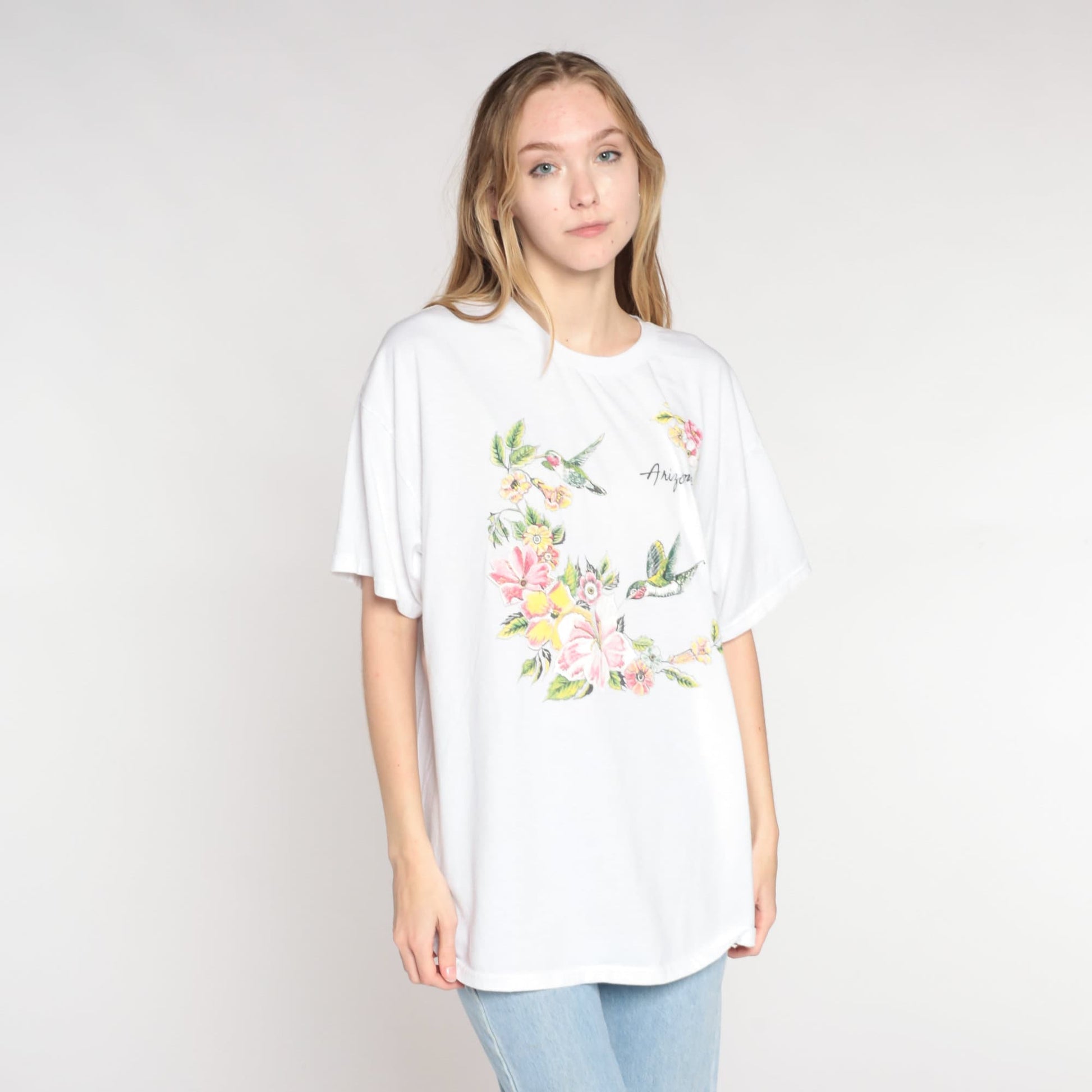 00s Arizona Hummingbird Floral Graphic T-Shirt White Cotton Blend Extra Large XL