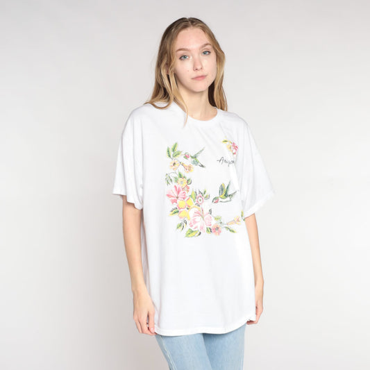 00s Arizona Hummingbird Floral Graphic T-Shirt White Cotton Blend Extra Large XL