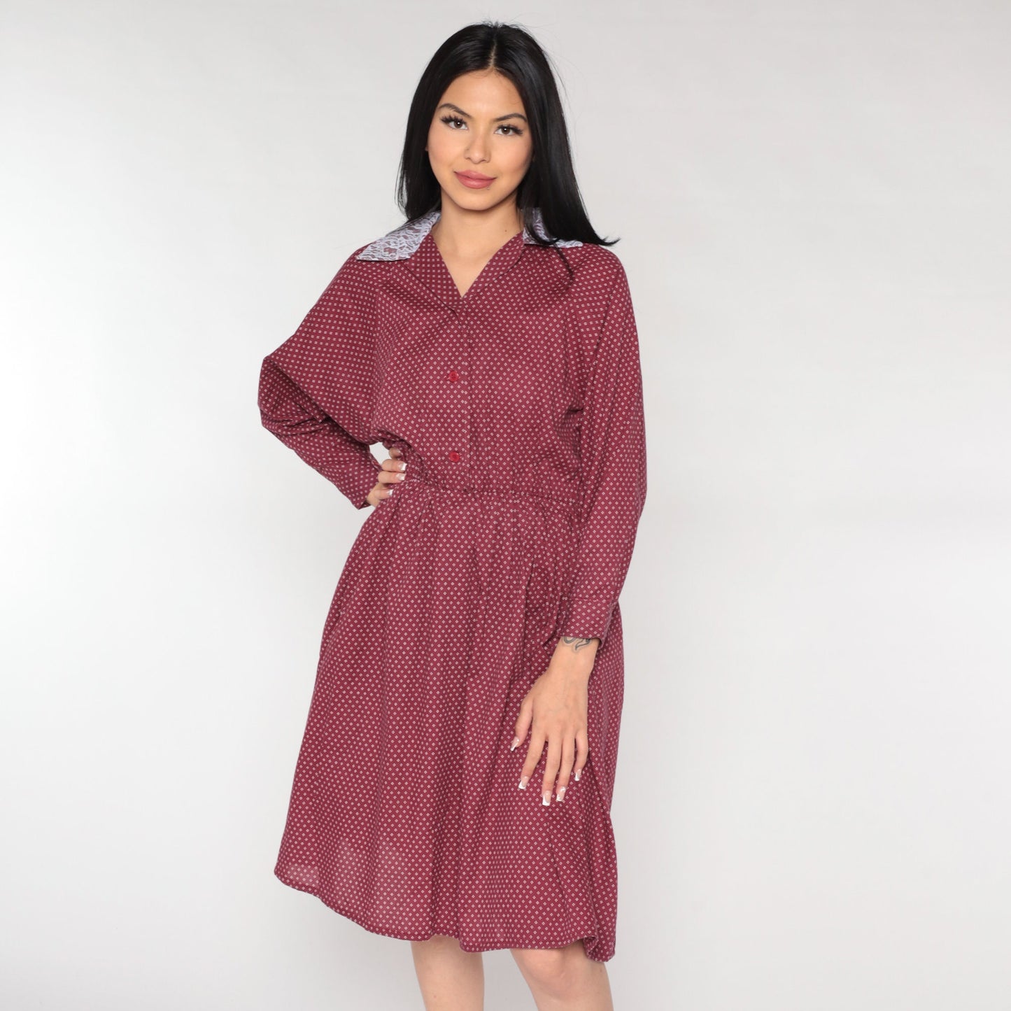 80s Burgundy Midi Shirtdress Lace Collar Geometric Button-Up Small Medium