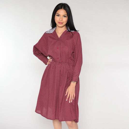 80s Burgundy Midi Shirtdress Lace Collar Geometric Button-Up Small Medium