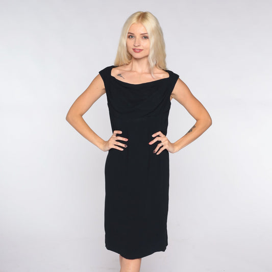 60s Black Shift Mini Dress Sleeveless Cowl Neck Small S