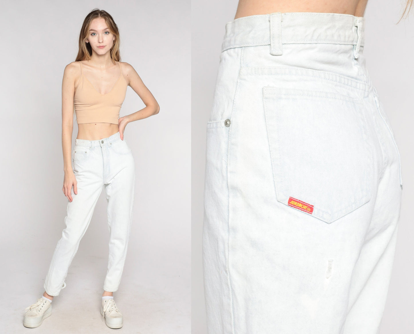 90s Jordache High Waisted Mom Jeans Pale Blue Stone Wash Heart Snap Ankle Extra Small