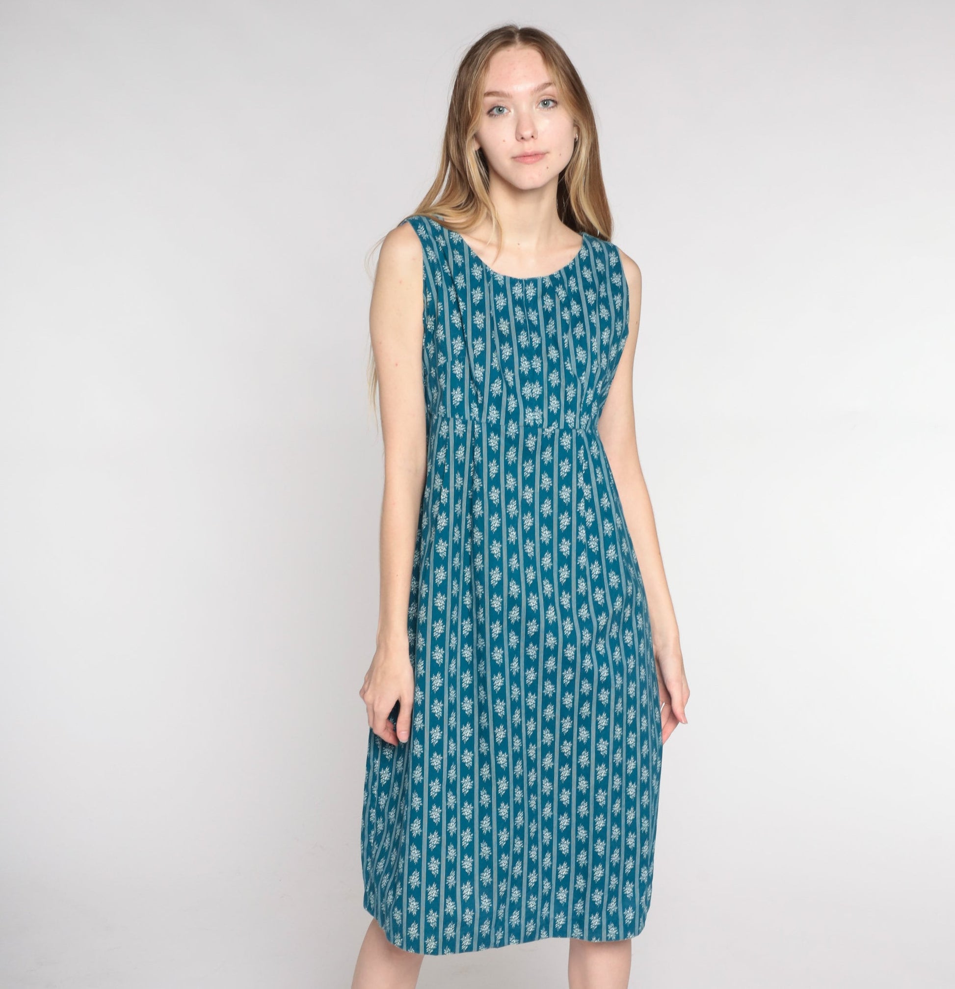 1960s Blue Floral Striped Midi Dress Empire Waist Sleeveless Shift Medium