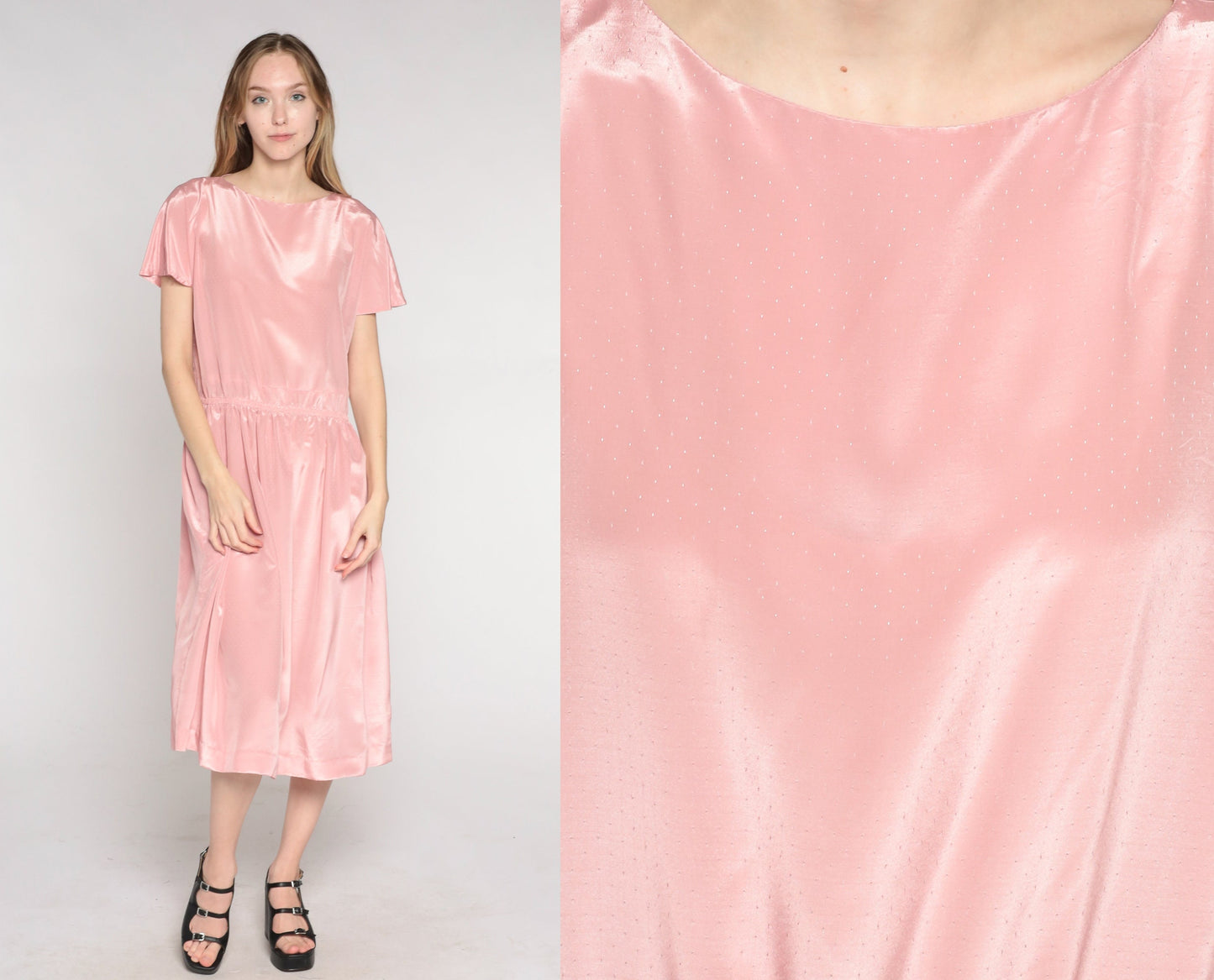 80s Pink Midi Dress Flutter Sleeve Blouson Bodice Keyhole Back Medium