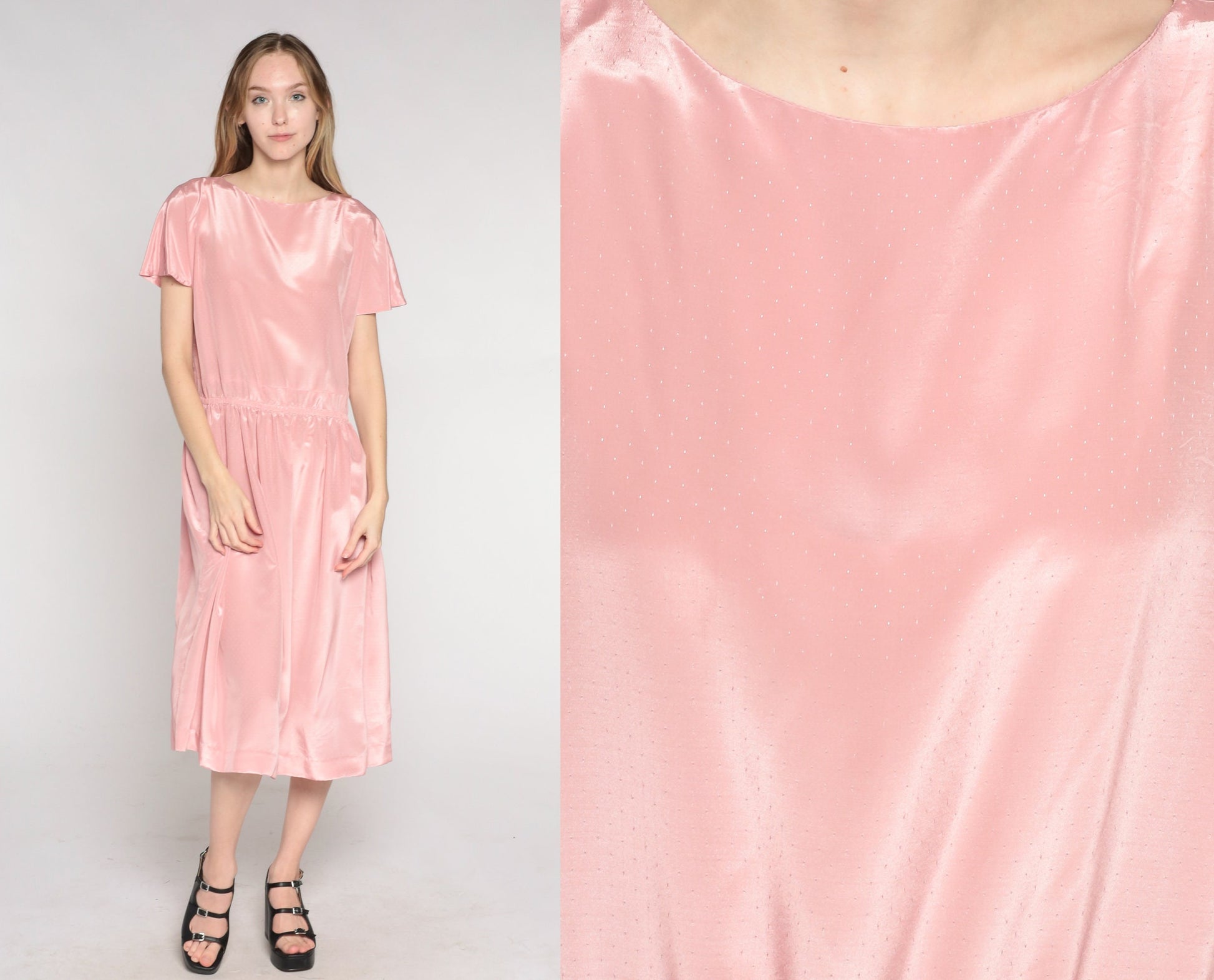 80s Pink Midi Dress Flutter Sleeve Blouson Bodice Keyhole Back Medium