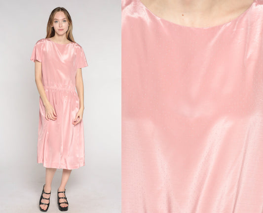 80s Pink Midi Dress Flutter Sleeve Blouson Bodice Keyhole Back Medium