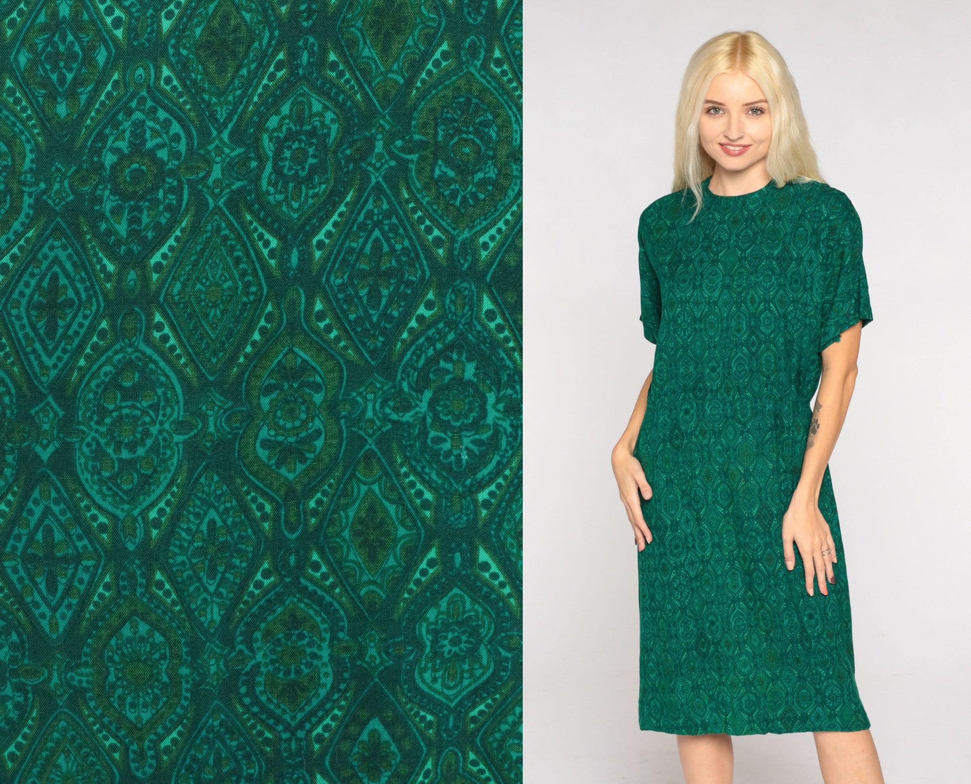 60s Green Tile Print Shift Dress Knee Length Short Sleeve Small
