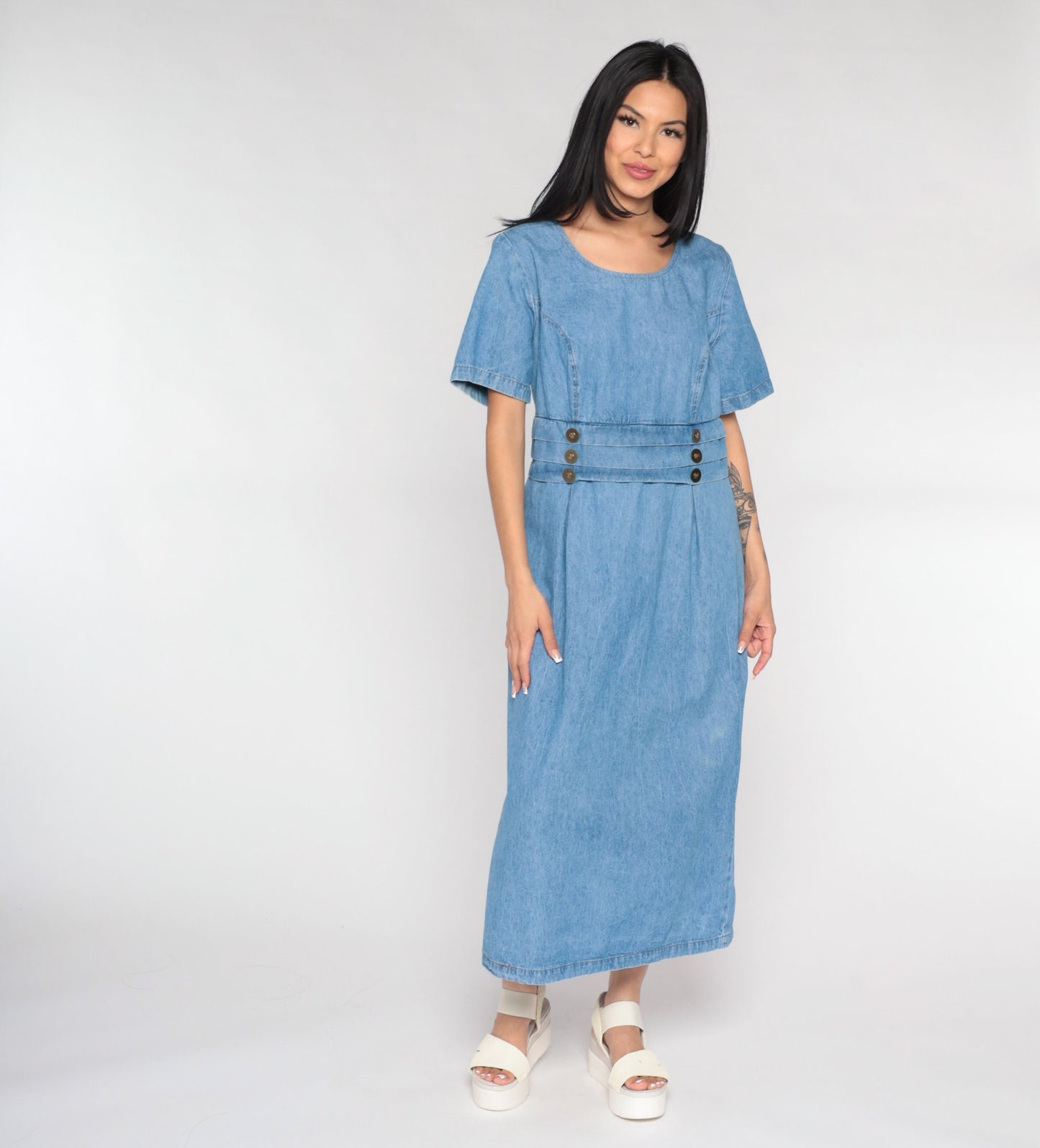 90s Fore Warned Denim Maxi Dress Blue Princess Seam Short Sleeve Large 14