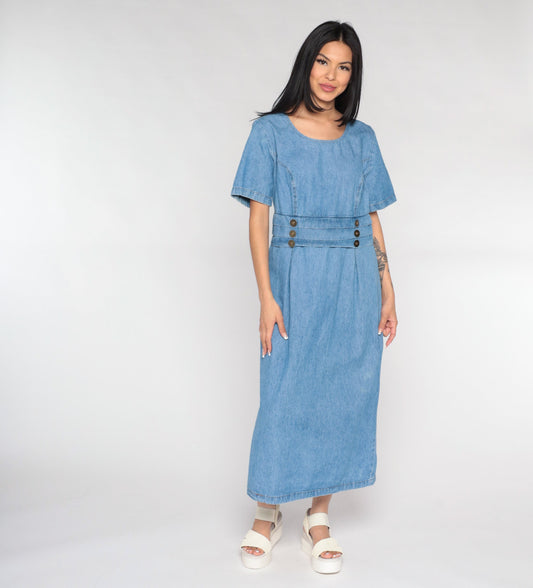 90s Fore Warned Denim Maxi Dress Blue Princess Seam Short Sleeve Large 14