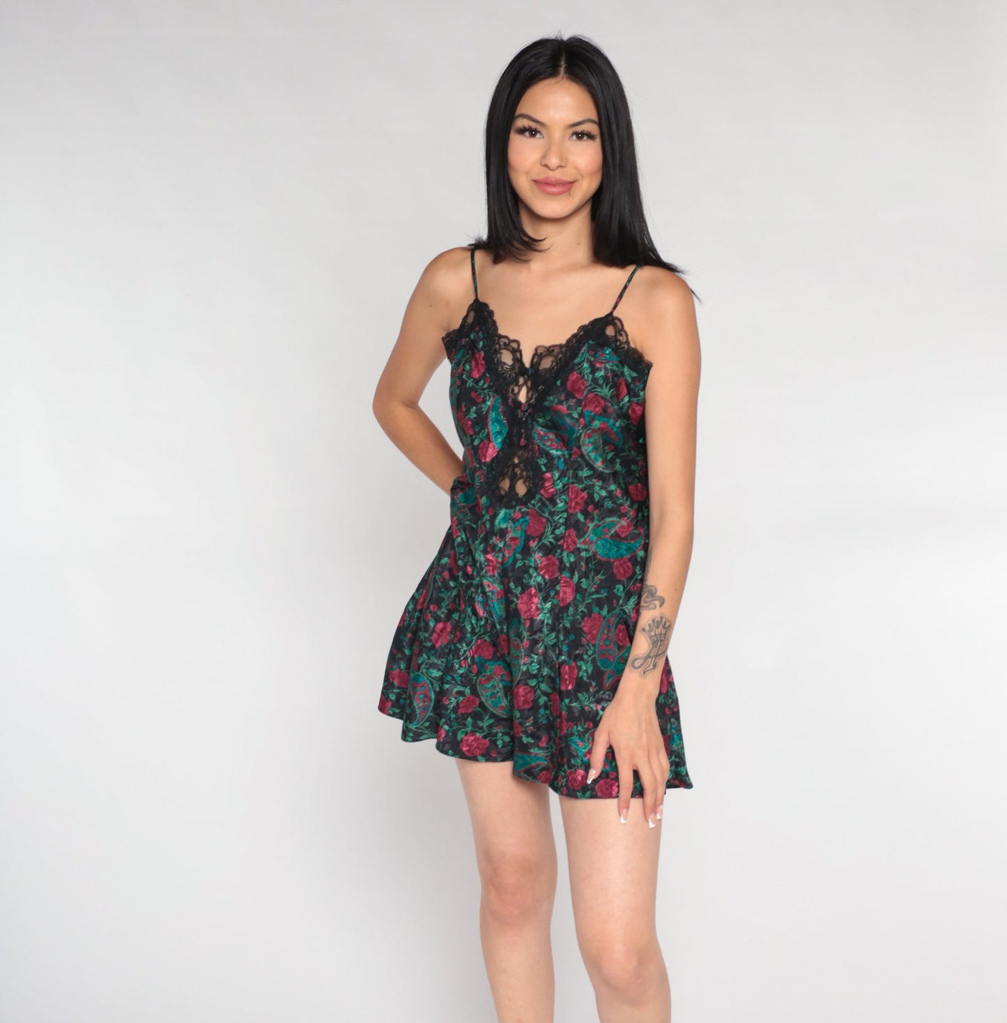 90s Floral Paisley Teddy Bodysuit Black Lace Trim Spaghetti Strap Small