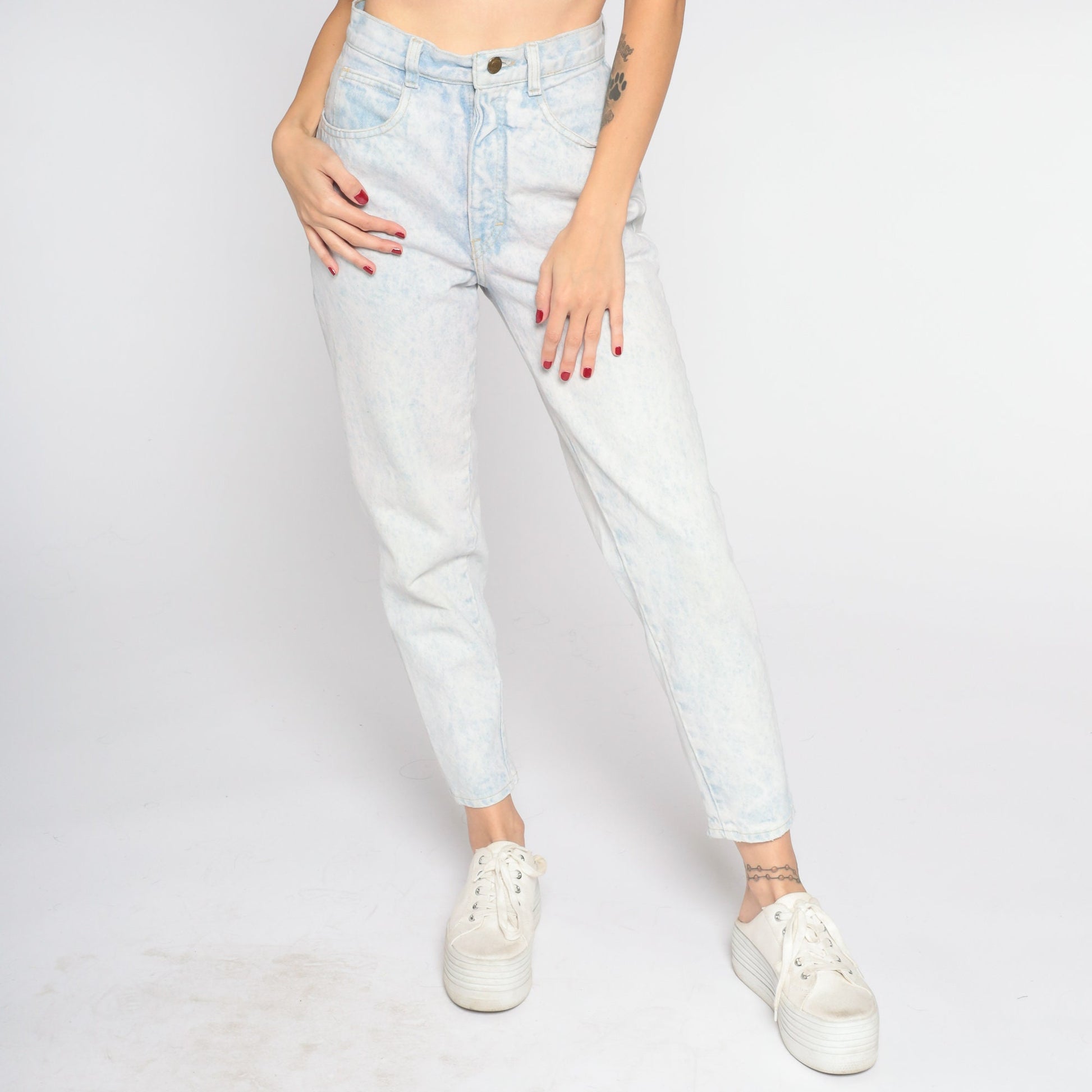 90s Gitano Acid Wash High Waisted Jeans Light Blue Tapered Ankle Snap XS