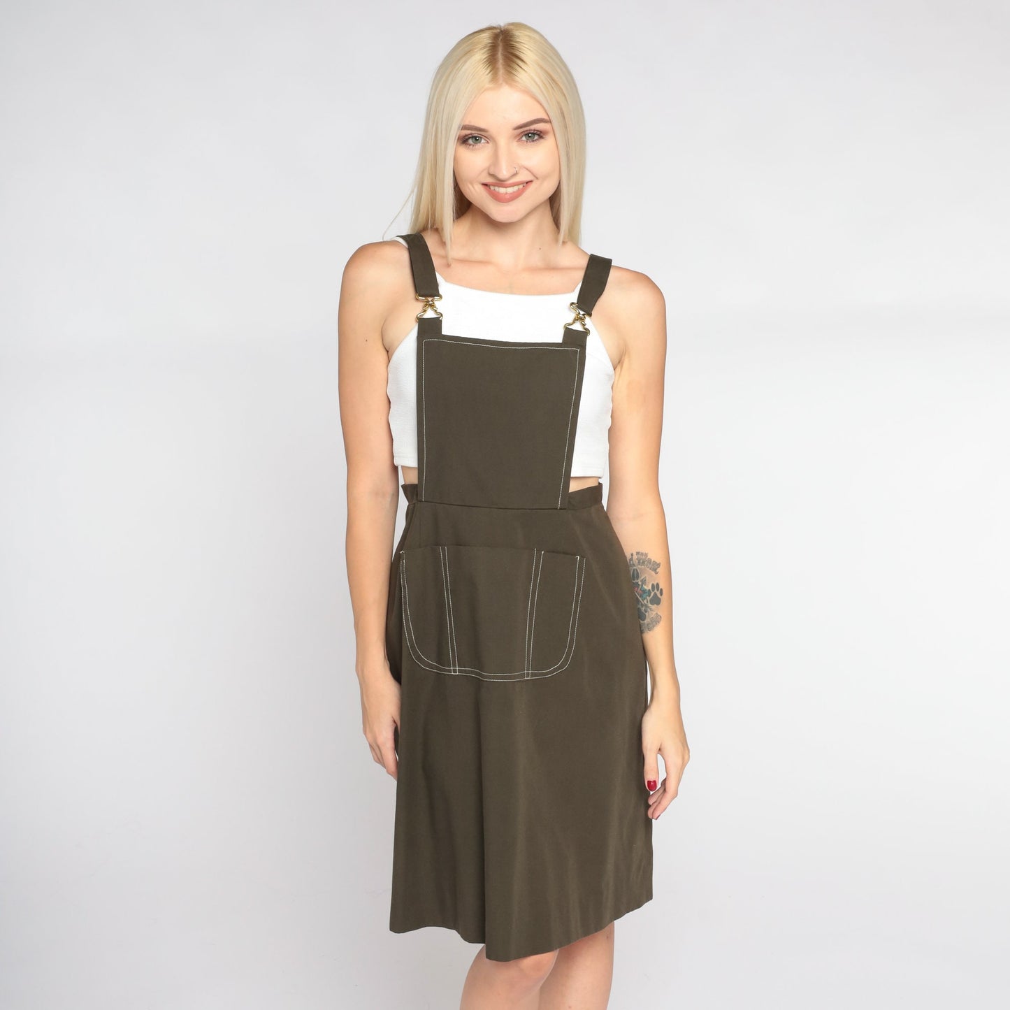 1960s Brown Cotton Overall Mini Dress Bib Pinafore Extra Small