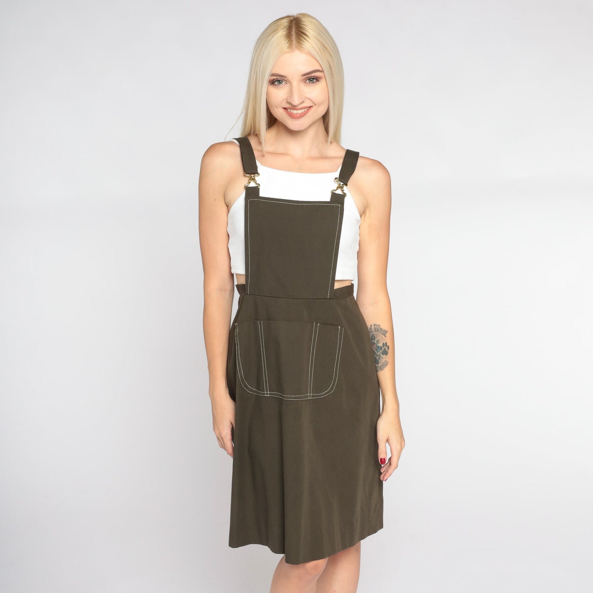 1960s Brown Cotton Overall Mini Dress Bib Pinafore Extra Small