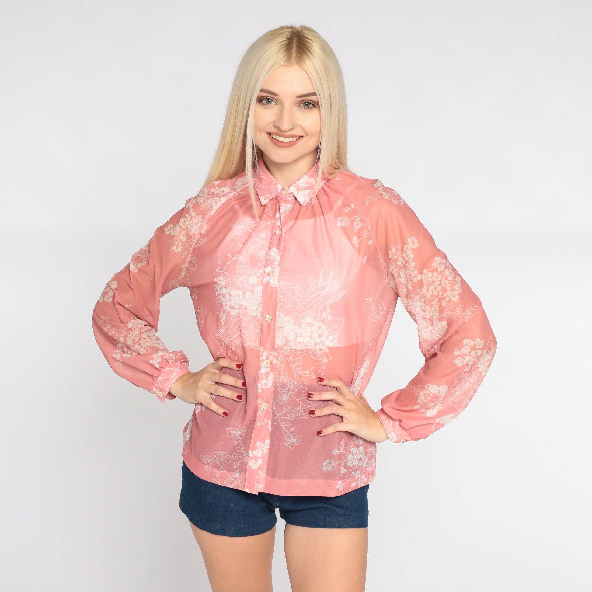 70s Sheer Pink Floral Button-Up Blouse Long Sleeve Collar Medium M