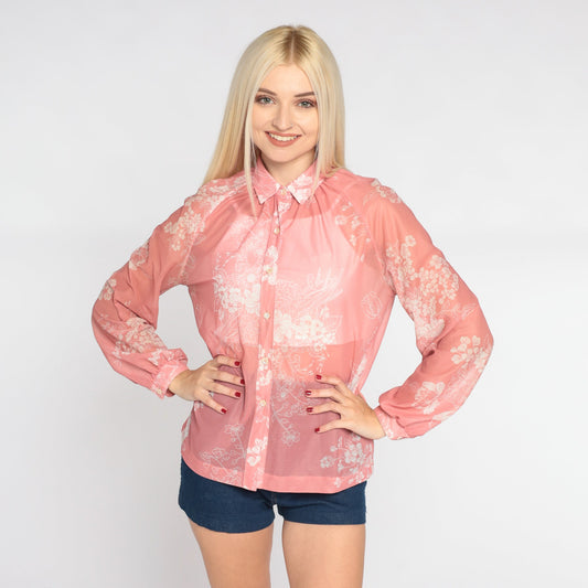 70s Sheer Pink Floral Button-Up Blouse Long Sleeve Collar Medium M