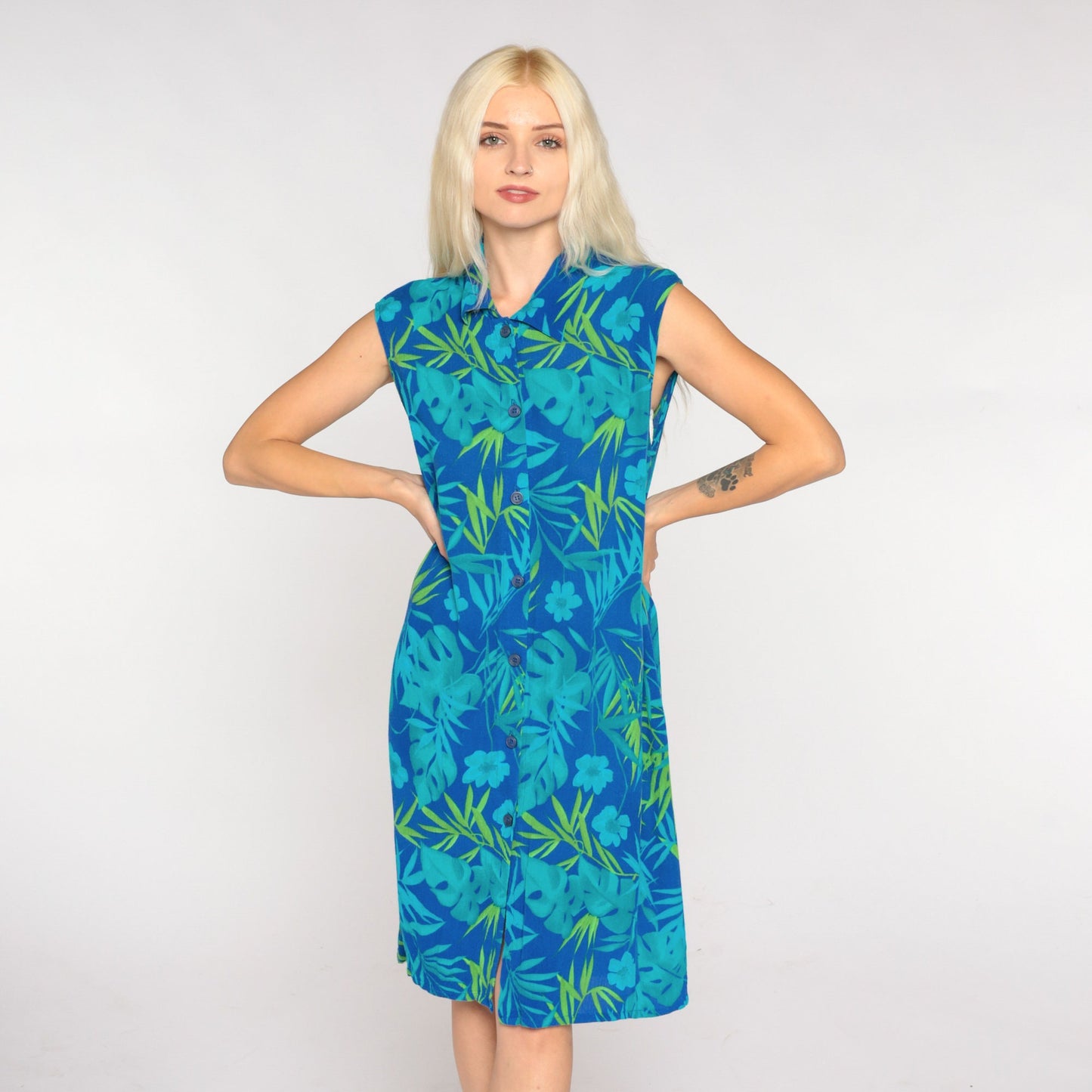 00s Blue Tropical Floral Mini Shirtdress Sleeveless Button Up Large 12