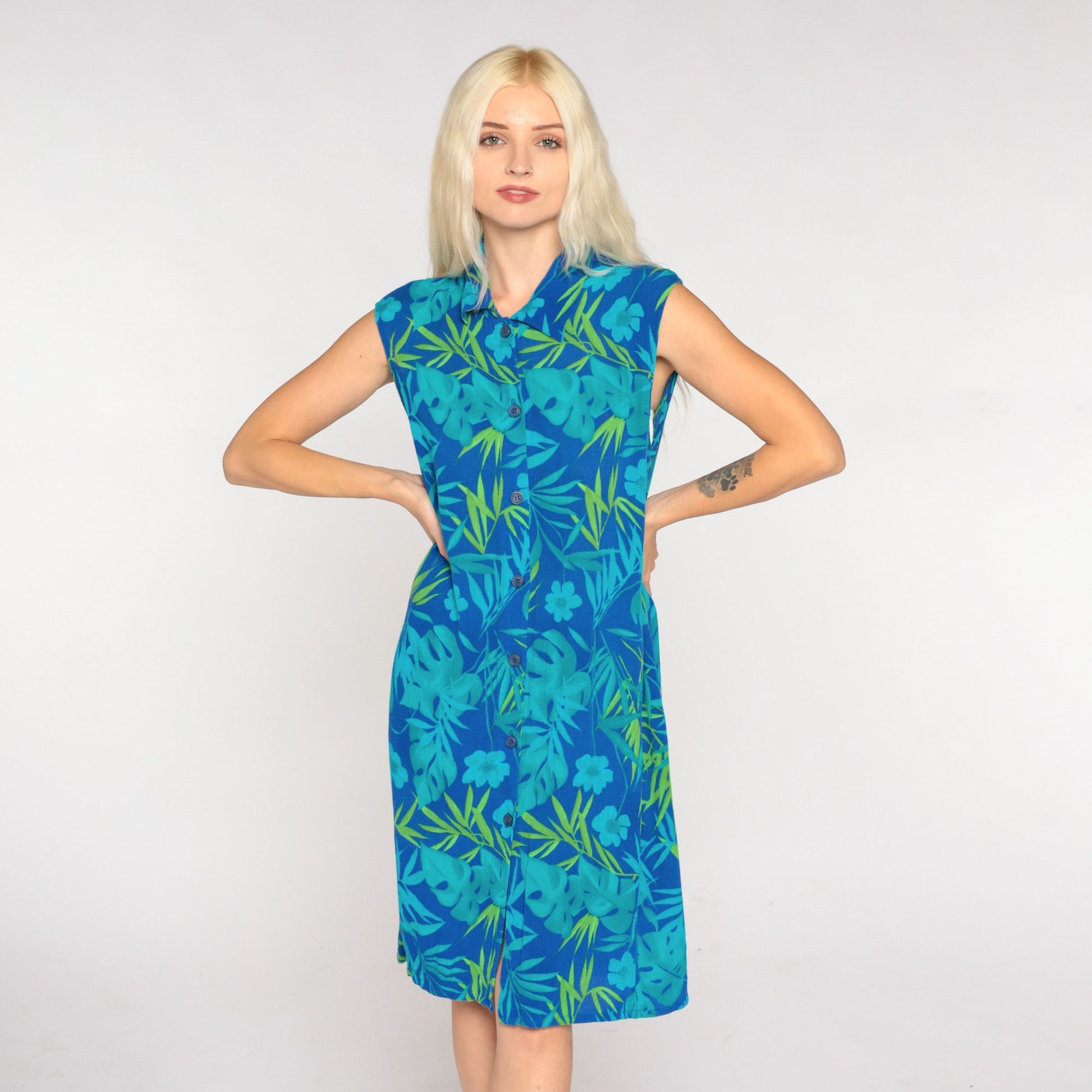 00s Blue Tropical Floral Mini Shirtdress Sleeveless Button Up Large 12