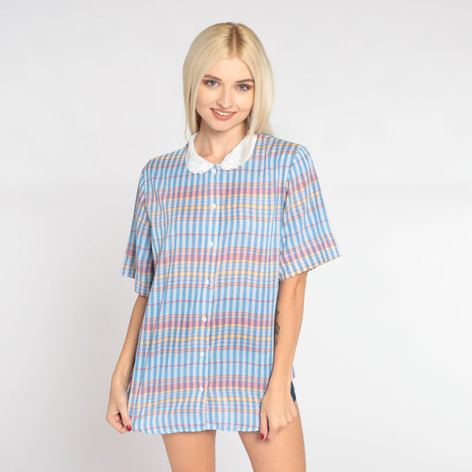 80s Blue Checkered Button-Up Blouse Peter Pan Collar Eyelet Lace Medium Large