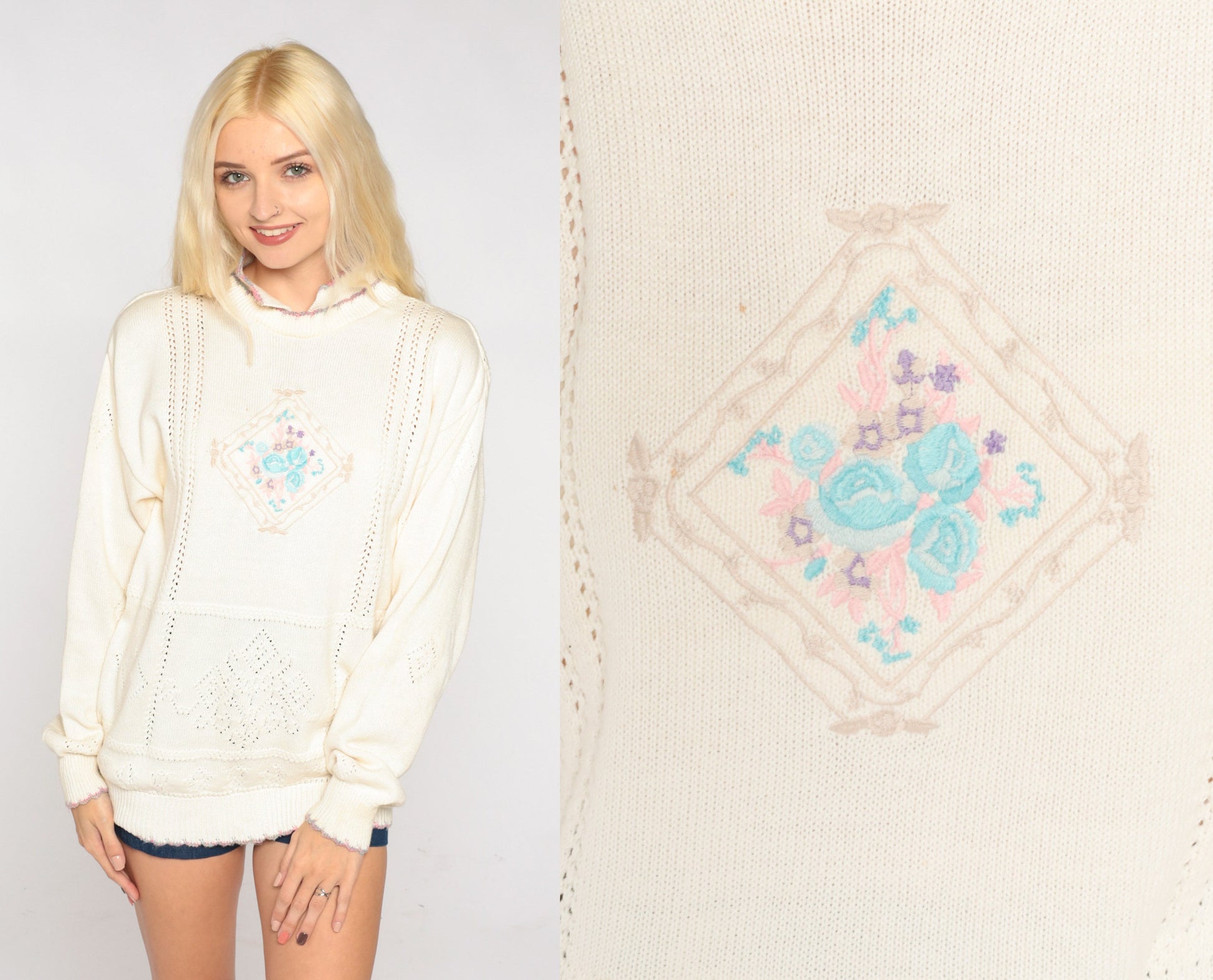 90s White Pointelle Knit Sweater Floral Embroidered Collared Pullover Medium M