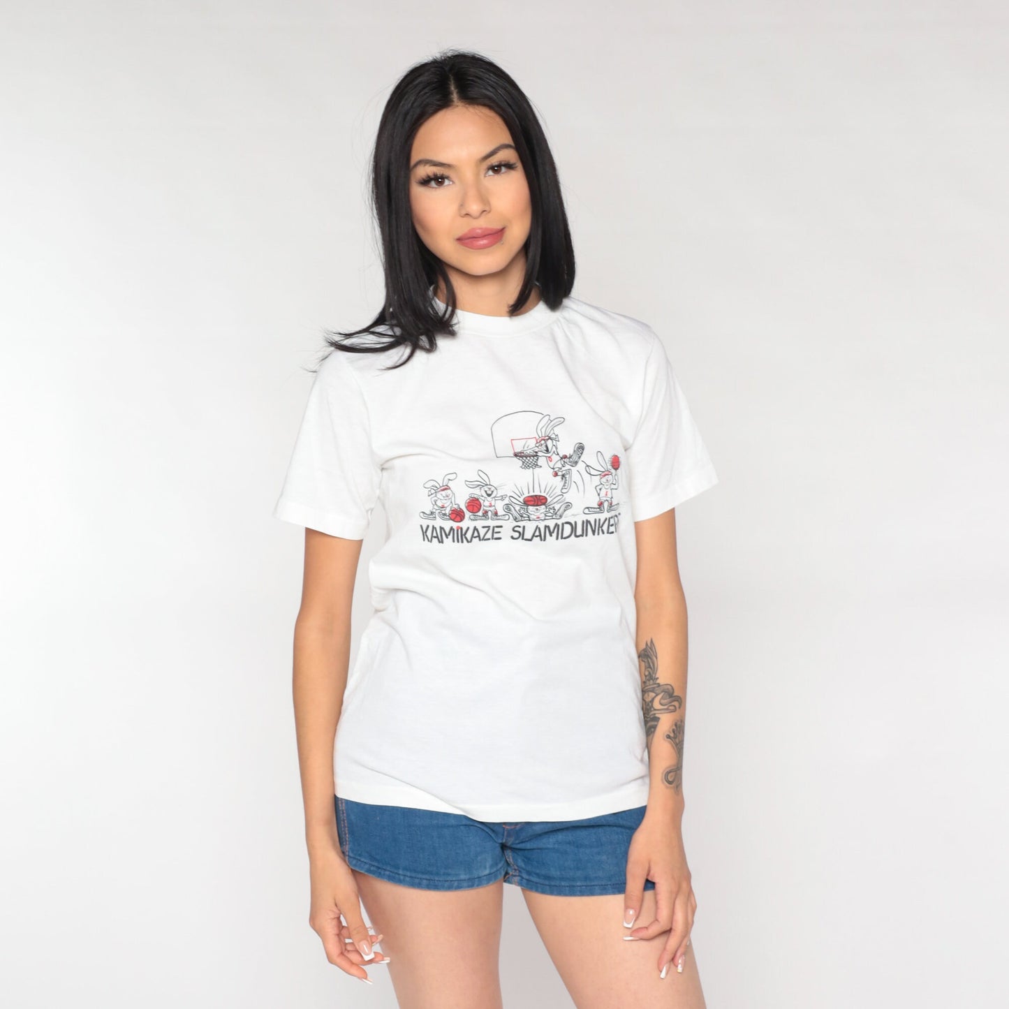 90s Kamikaze Slamdunkers Cartoon Rabbit Basketball Graphic Tee White Small
