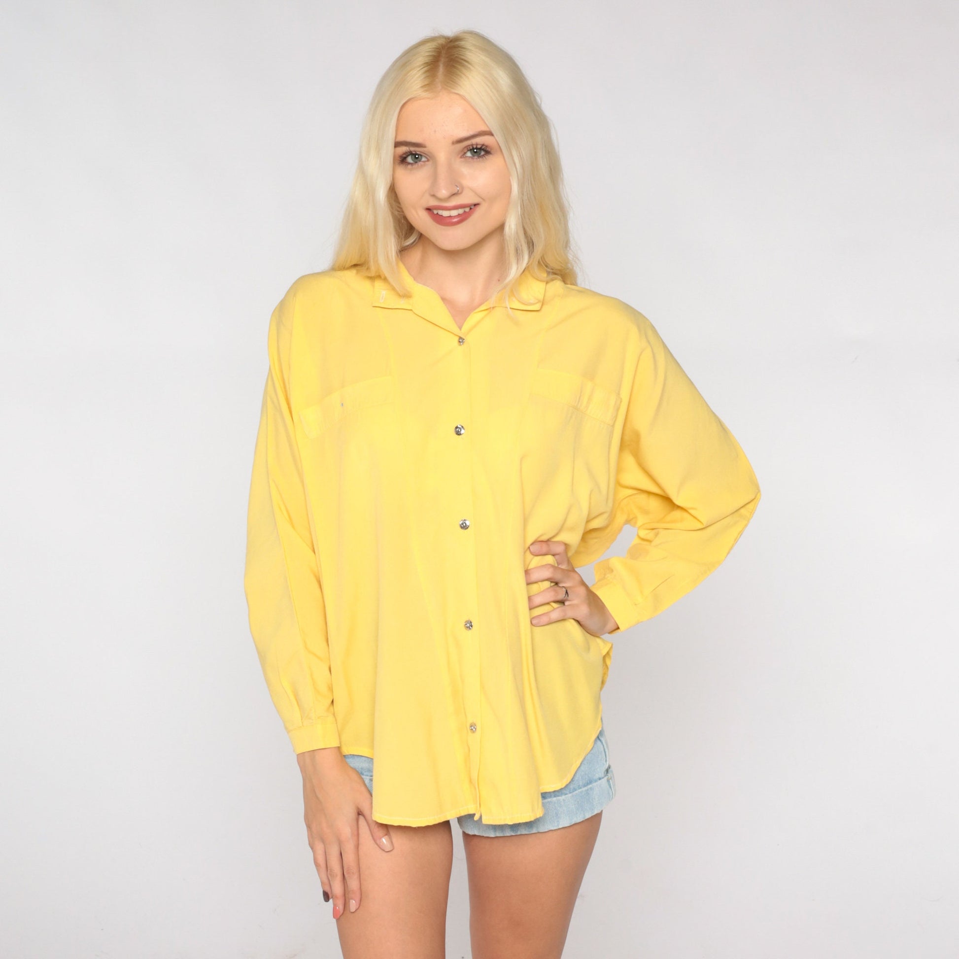 90s Yellow Button-Up Blouse Long Sleeve Collared Shirt Large L
