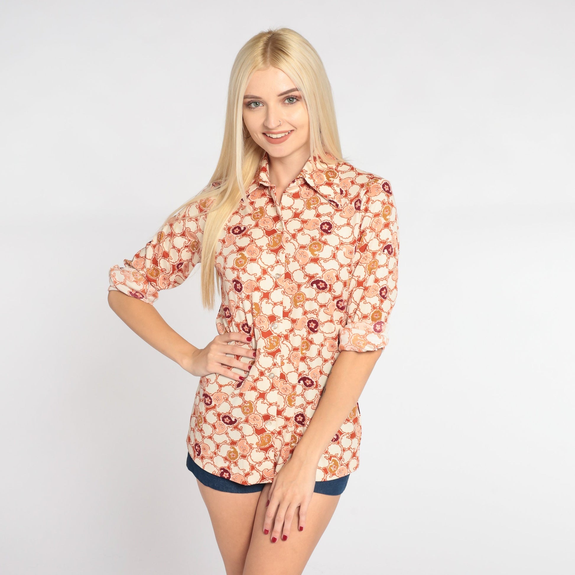 70s Orange Paisley Floral Button-Up Blouse Pointed Collar Long Sleeve Small