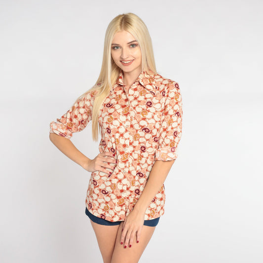 70s Orange Paisley Floral Button-Up Blouse Pointed Collar Long Sleeve Small
