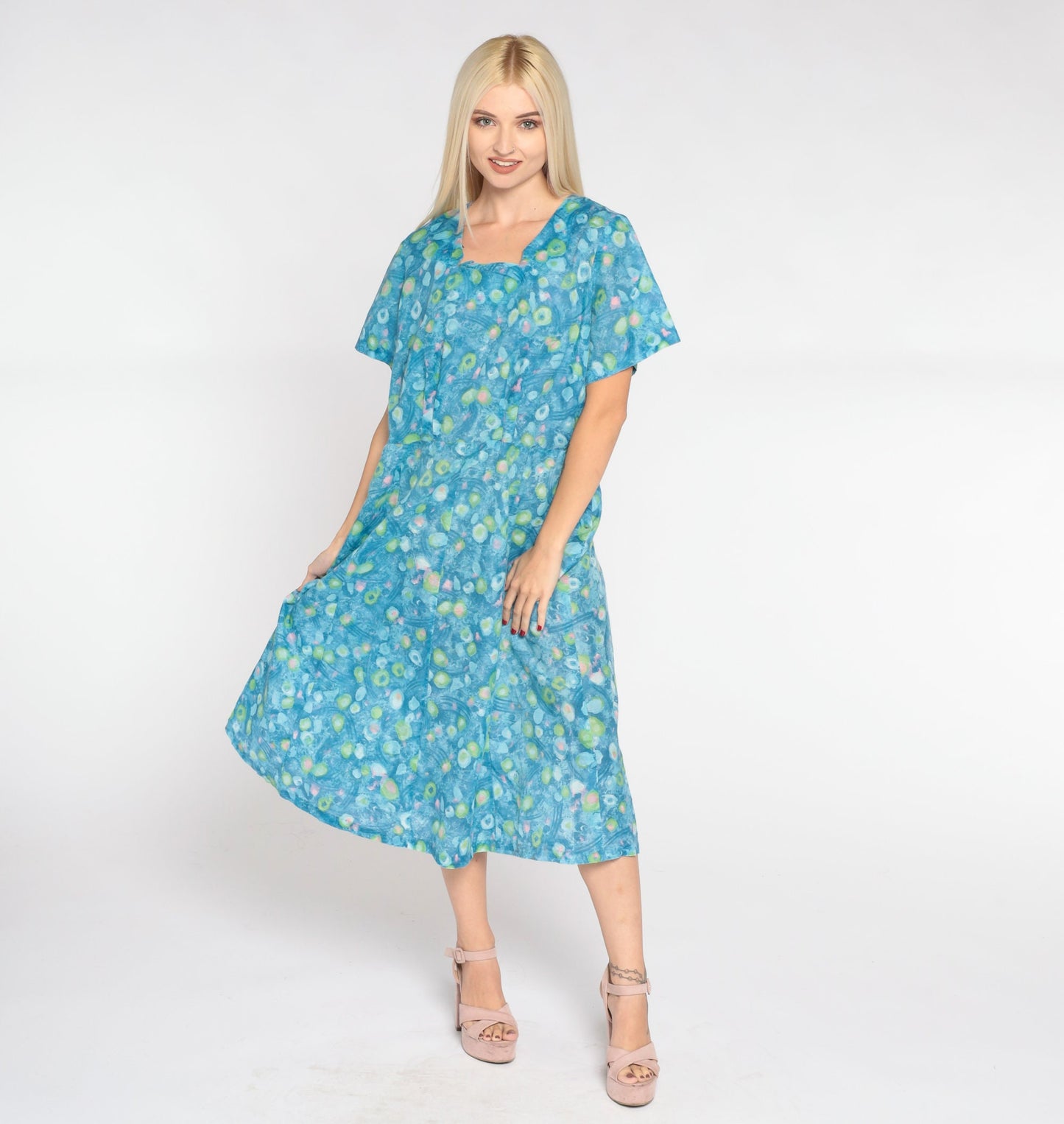 1960s Blue Abstract Dot Midi Dress Short Sleeve High Waist Large L
