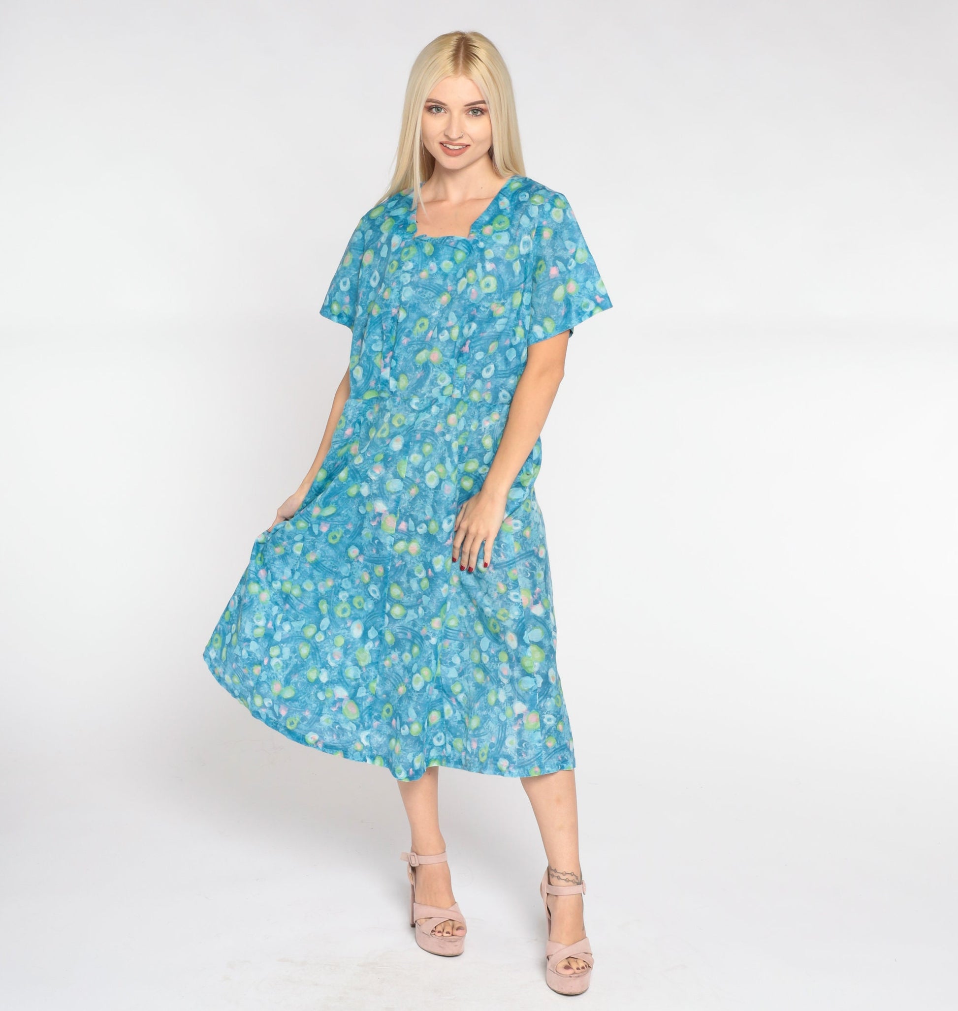 1960s Blue Abstract Dot Midi Dress Short Sleeve High Waist Large L