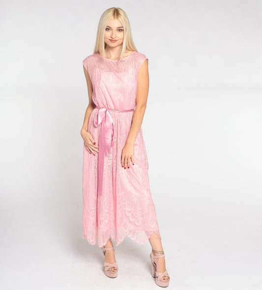 70s Pink Lace Midi Dress Cap Sleeve High Waist Ribbon Bow Scalloped Extra Small