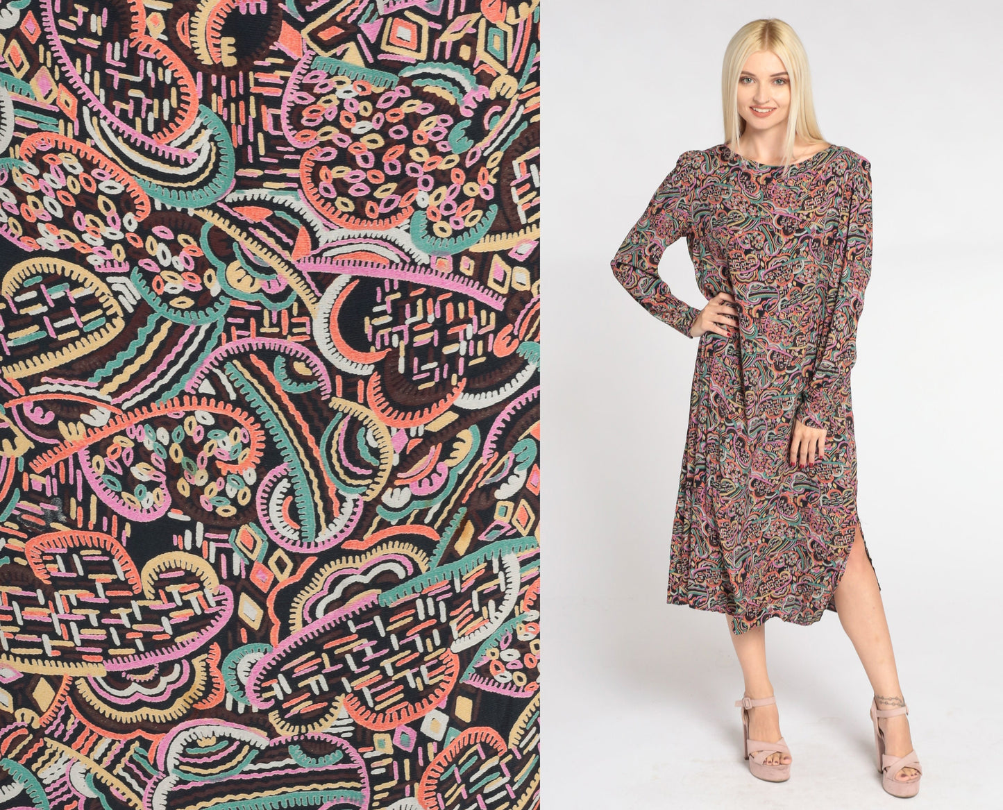80s Abstract Cloud Print Midi Dress Black Puff Sleeve Shift Medium M