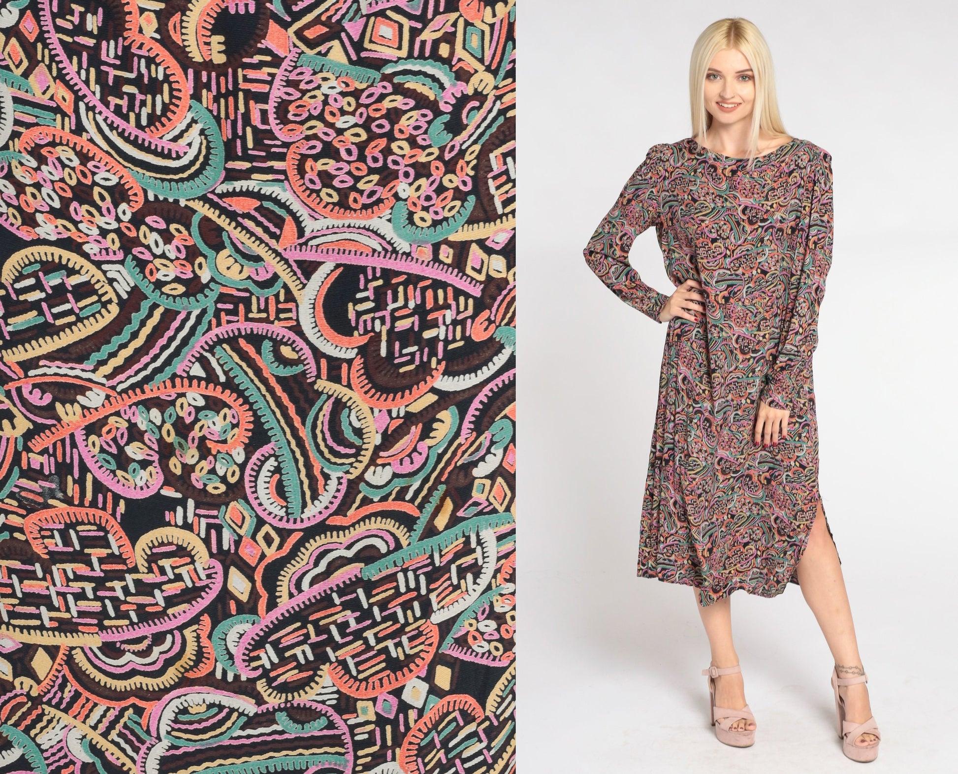 80s Abstract Cloud Print Midi Dress Black Puff Sleeve Shift Medium M