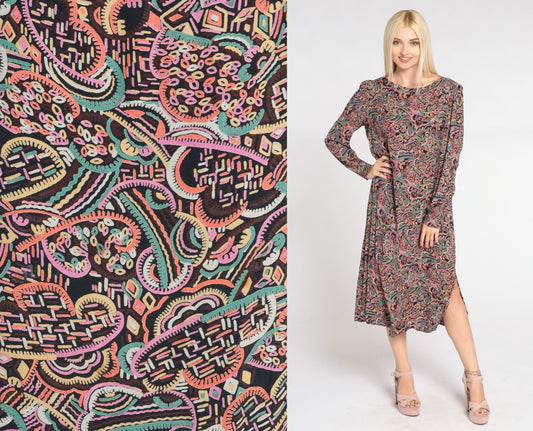 80s Abstract Cloud Print Midi Dress Black Puff Sleeve Shift Medium M