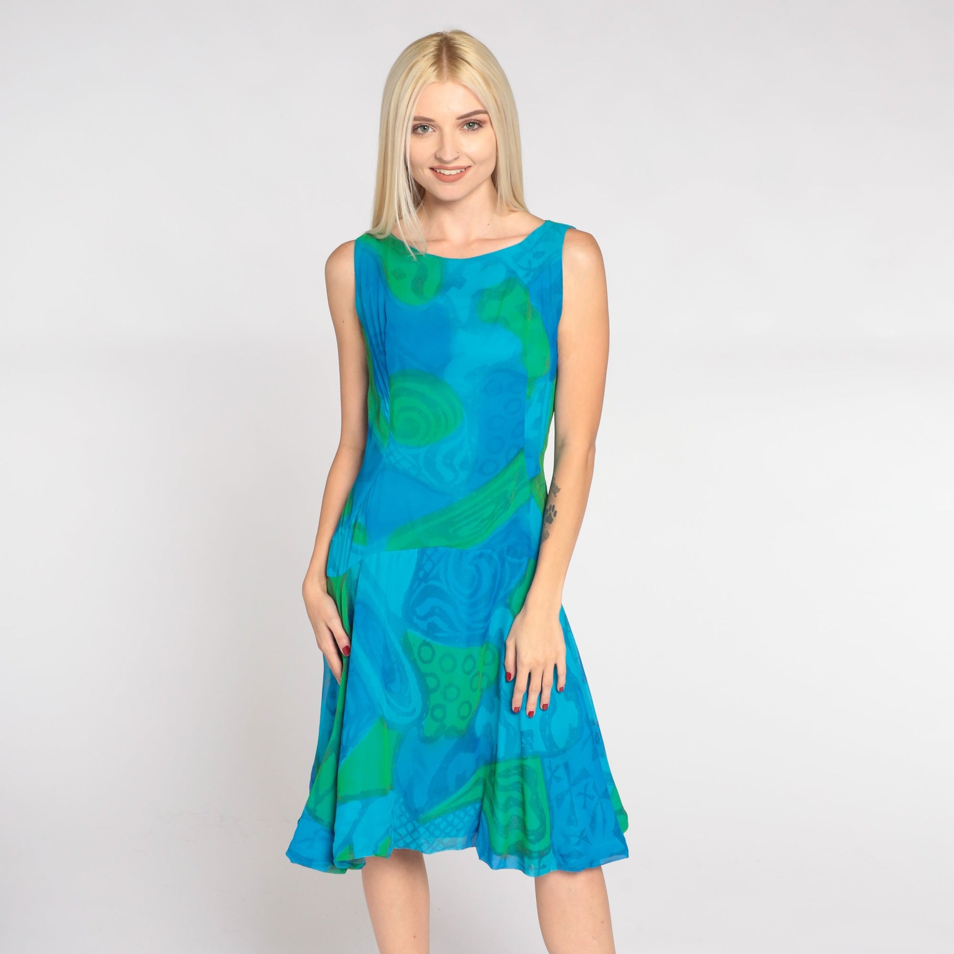 60s Mod Mini Dress Blue Abstract Print Sleeveless Drop Waist Small S