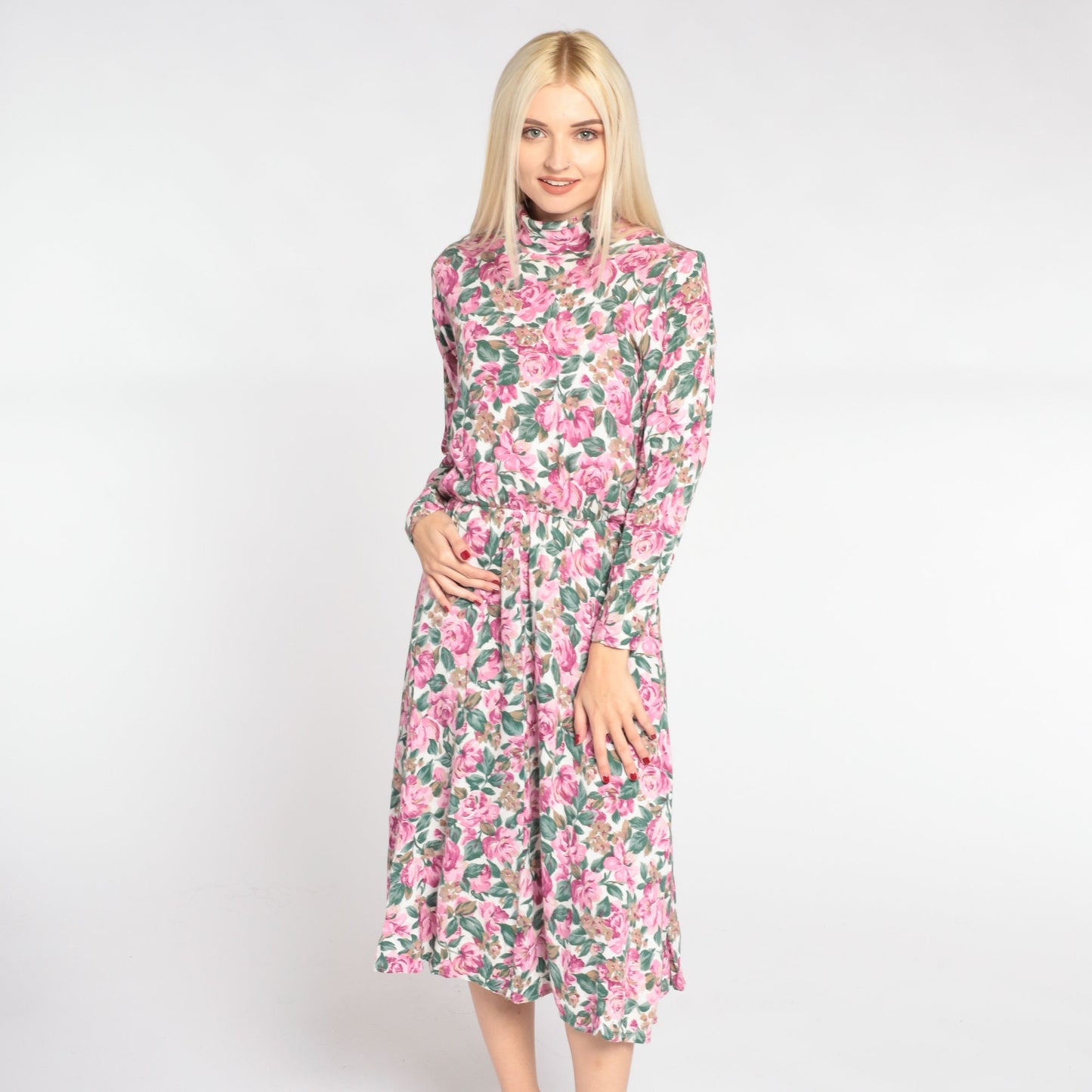 90s Floral Midi Dress White Mock Neck Long Sleeve High Waist Medium 8