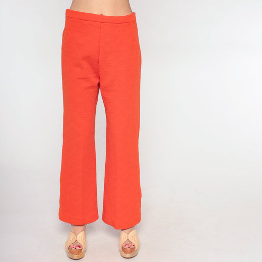 70s Orange Polyester Bell Bottom Trousers High Waist Flared Small