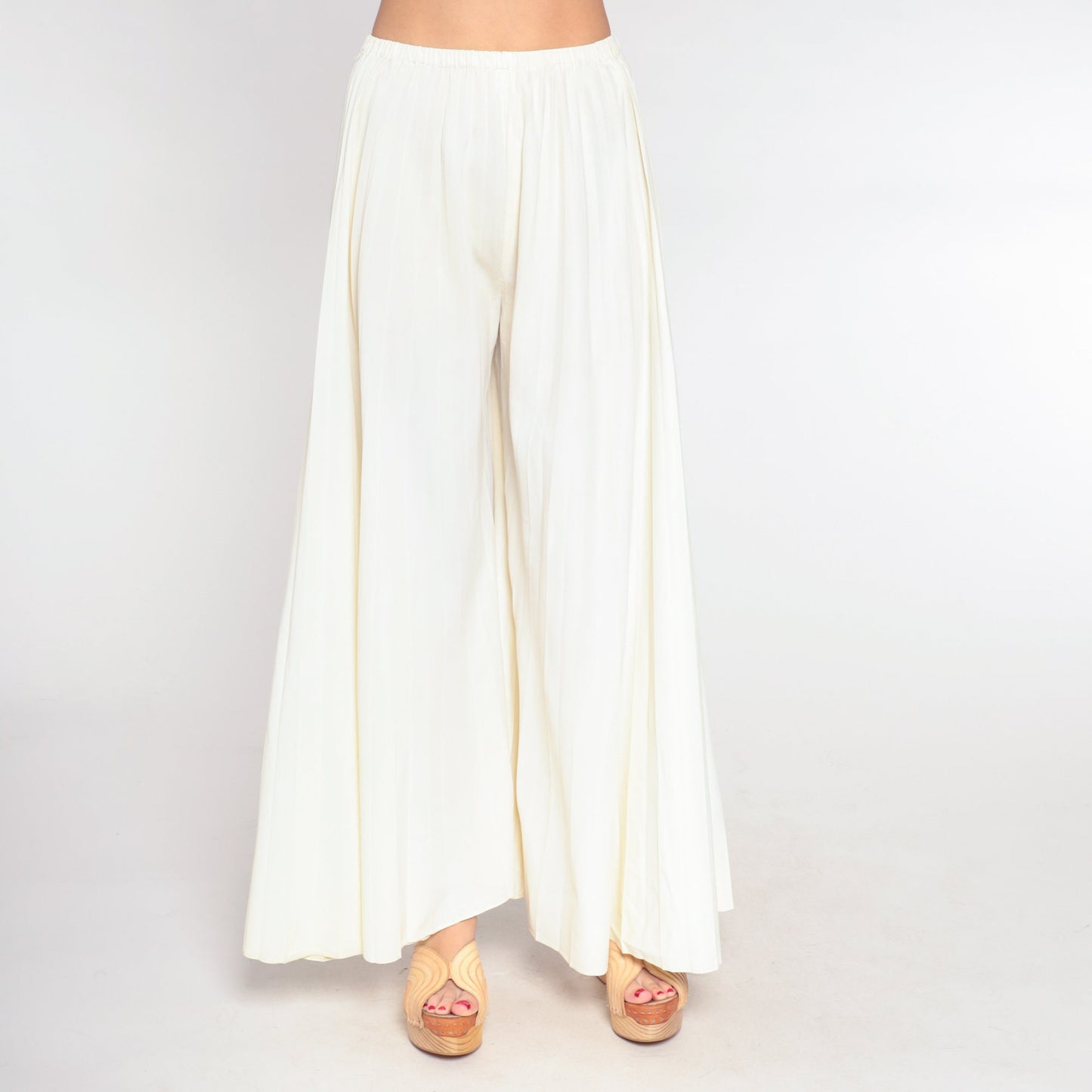 70s Cream Palazzo Pants High Waisted Wide Leg Pleated Bell Bottoms Small