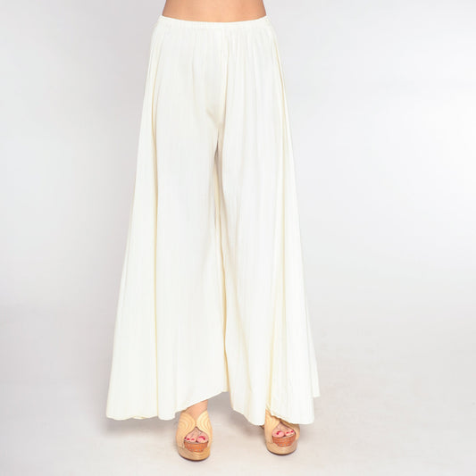 70s Cream Palazzo Pants High Waisted Wide Leg Pleated Bell Bottoms Small