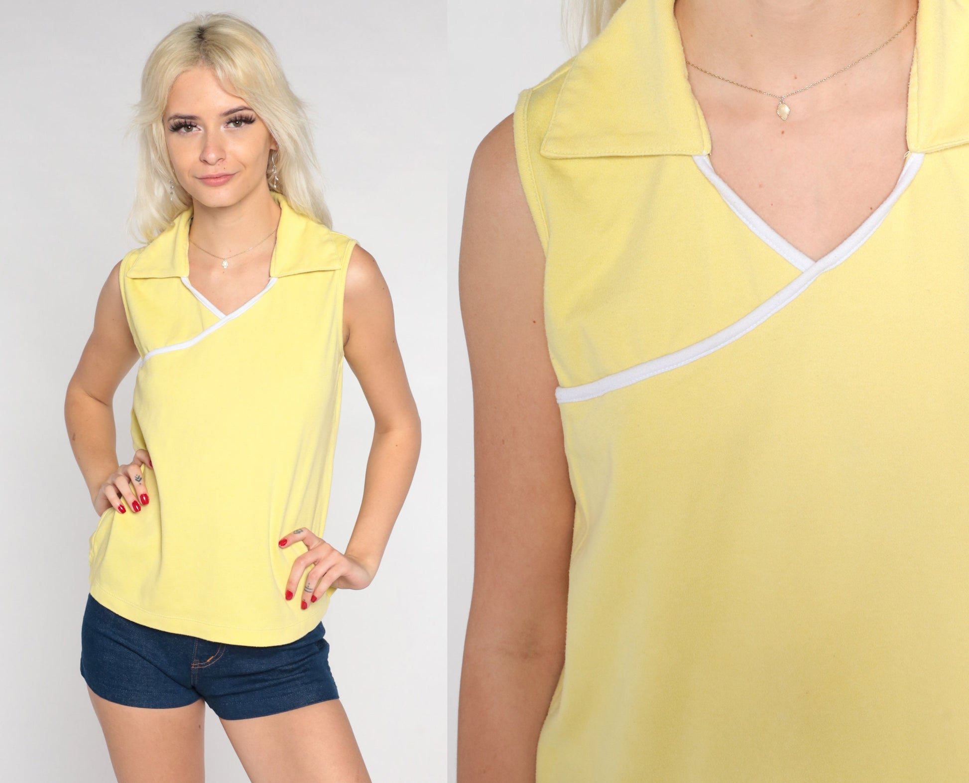 90s Pale Yellow Collared Tank Top V Neck Sleeveless Blouse Small