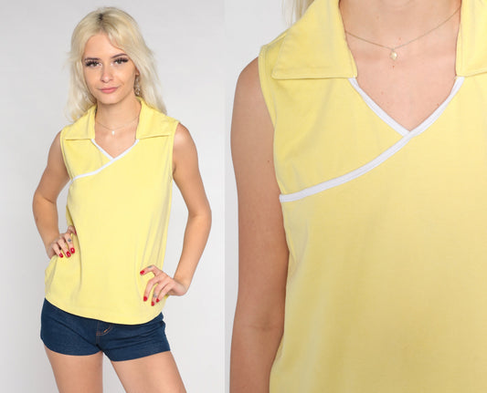 90s Pale Yellow Collared Tank Top V Neck Sleeveless Blouse Small