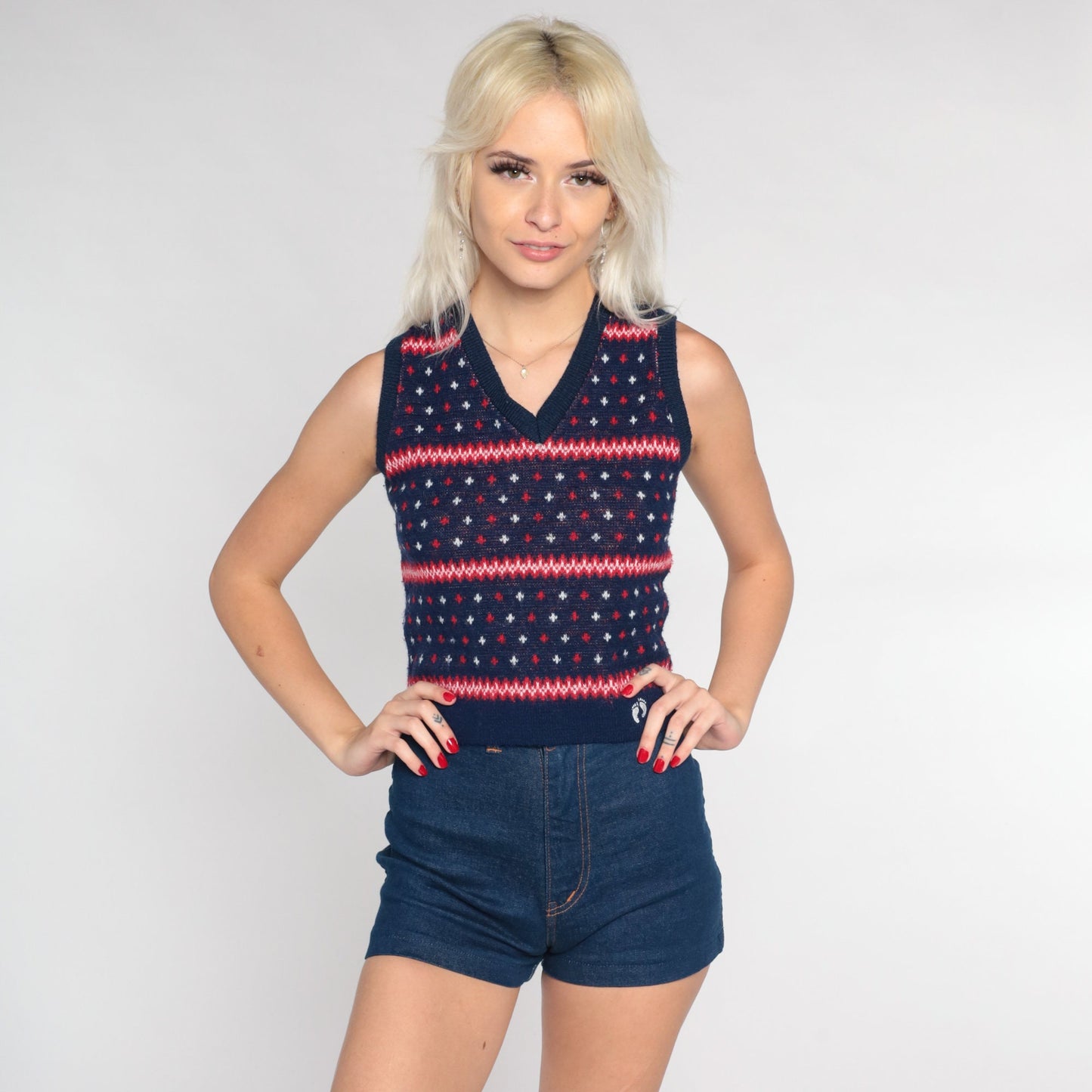 80s Hang Ten Sweater Vest Navy Striped Fleur De Lis Red White Blue XS
