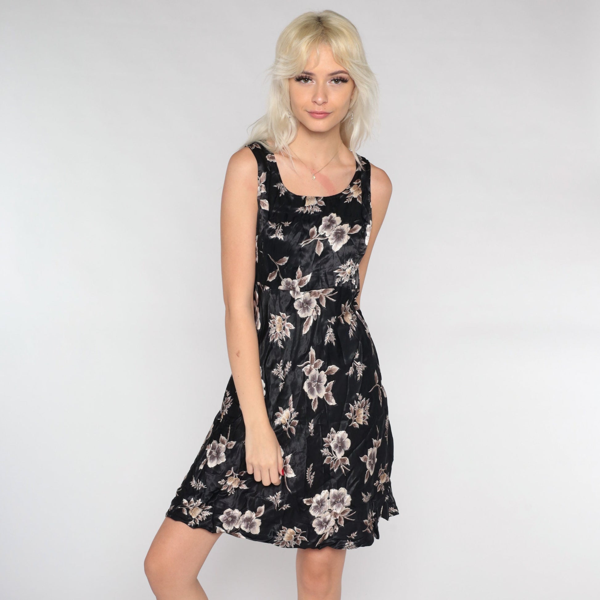 90s Black Floral Mini Dress Sleeveless Empire Waist Shiny Shift Medium