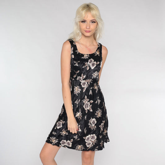 90s Black Floral Mini Dress Sleeveless Empire Waist Shiny Shift Medium