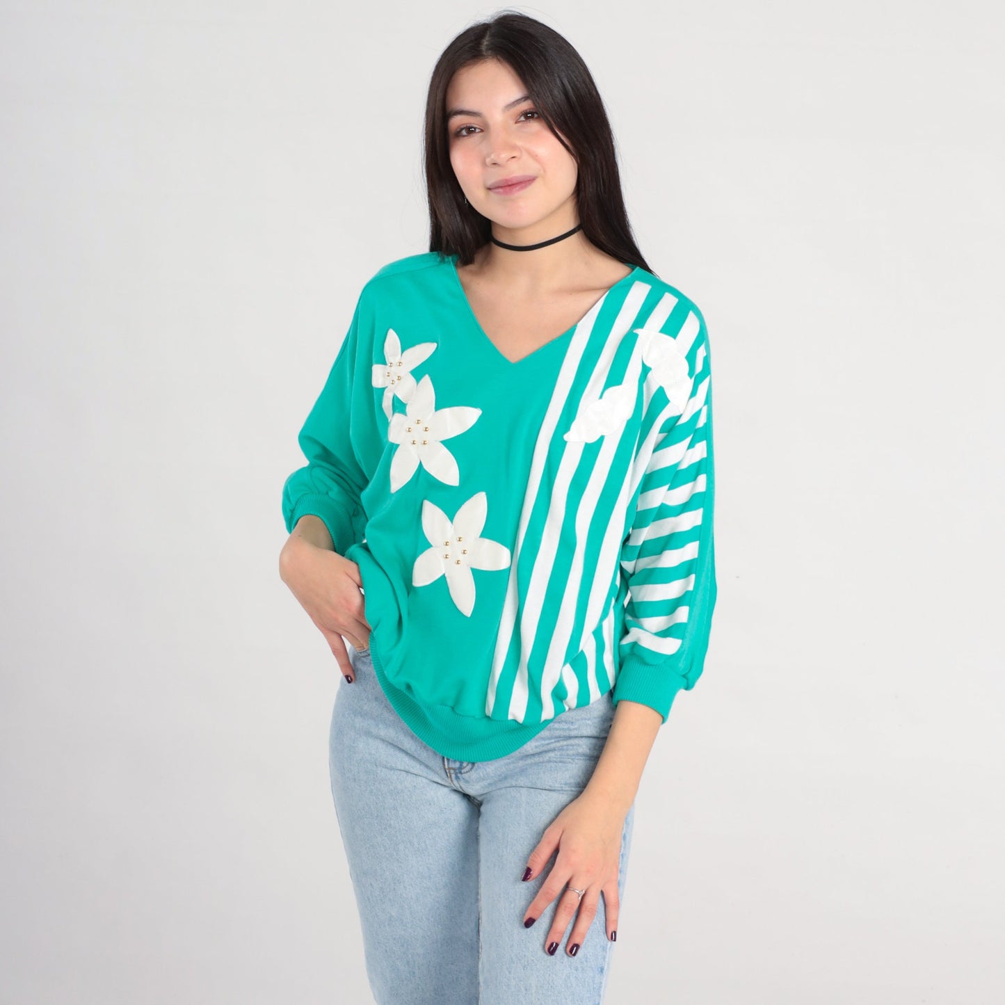 80s Green Floral Studded Striped Blouse V-Neck 3/4 Sleeve Medium