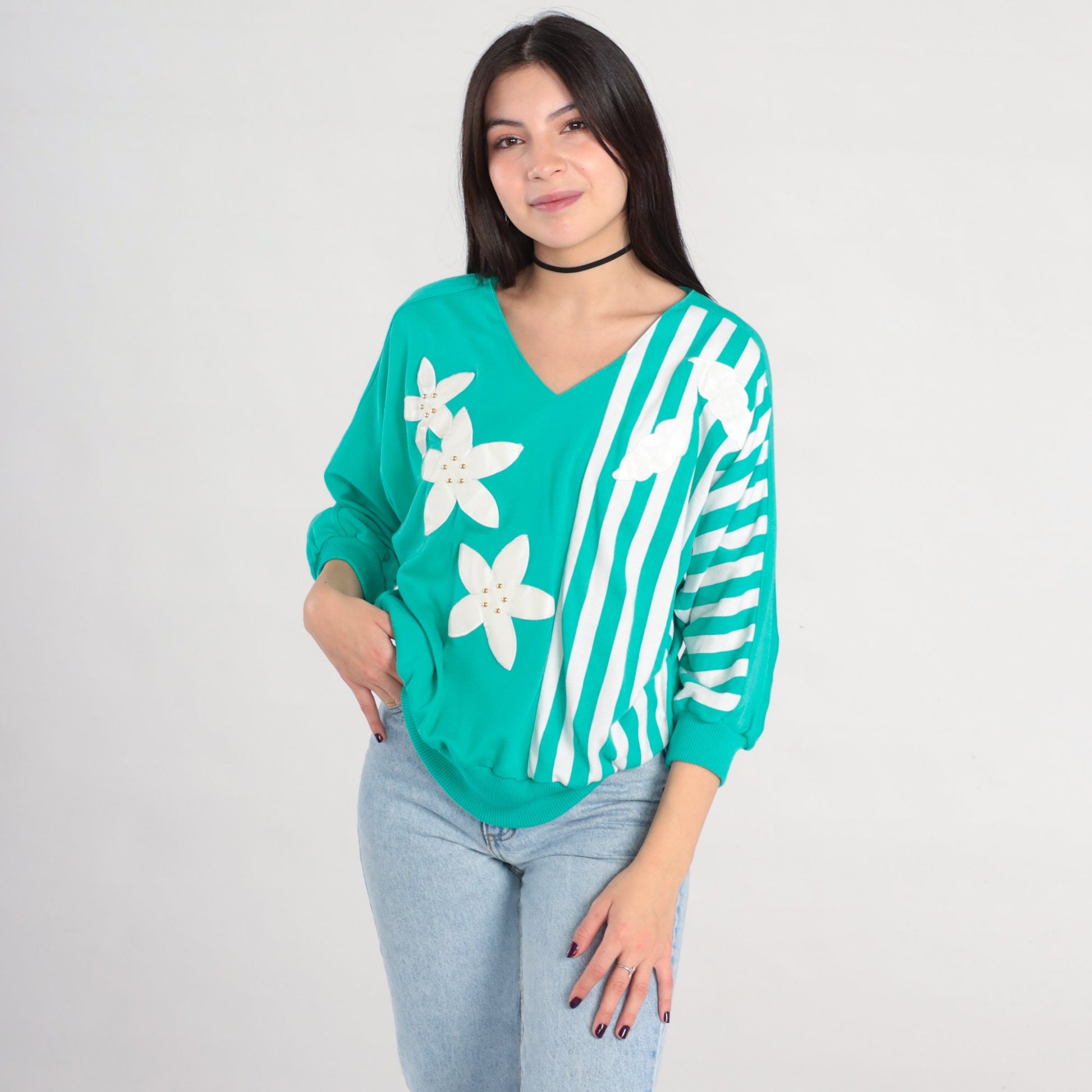 80s Green Floral Studded Striped Blouse V-Neck 3/4 Sleeve Medium